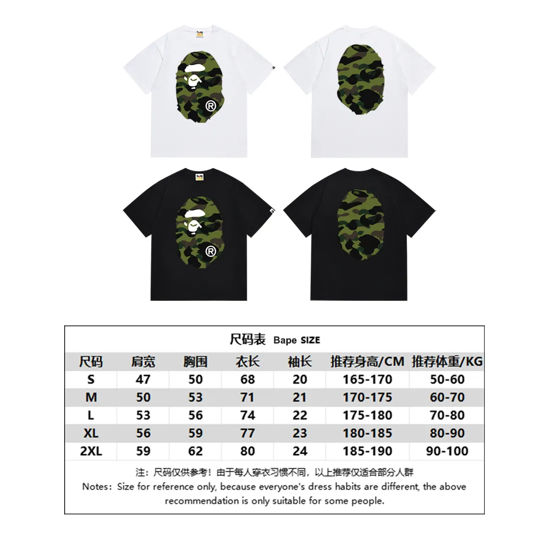P110 SC060# (top version) BAPE double-sided camouflage ape head printed short-sleeved T-shirt Made of 260 grams of high-quality high-weave pure cotton fabric, double yarn combed, soft texture and no pilling Imported environmentally friendly printing glue, bright and three-dimensional pattern, quality 💥unisex style, the upper body is fashionable Color: white camouflage black camouflage white yellow black yellow white green black green white purple black purple white red black red Size: S M L XL XXL