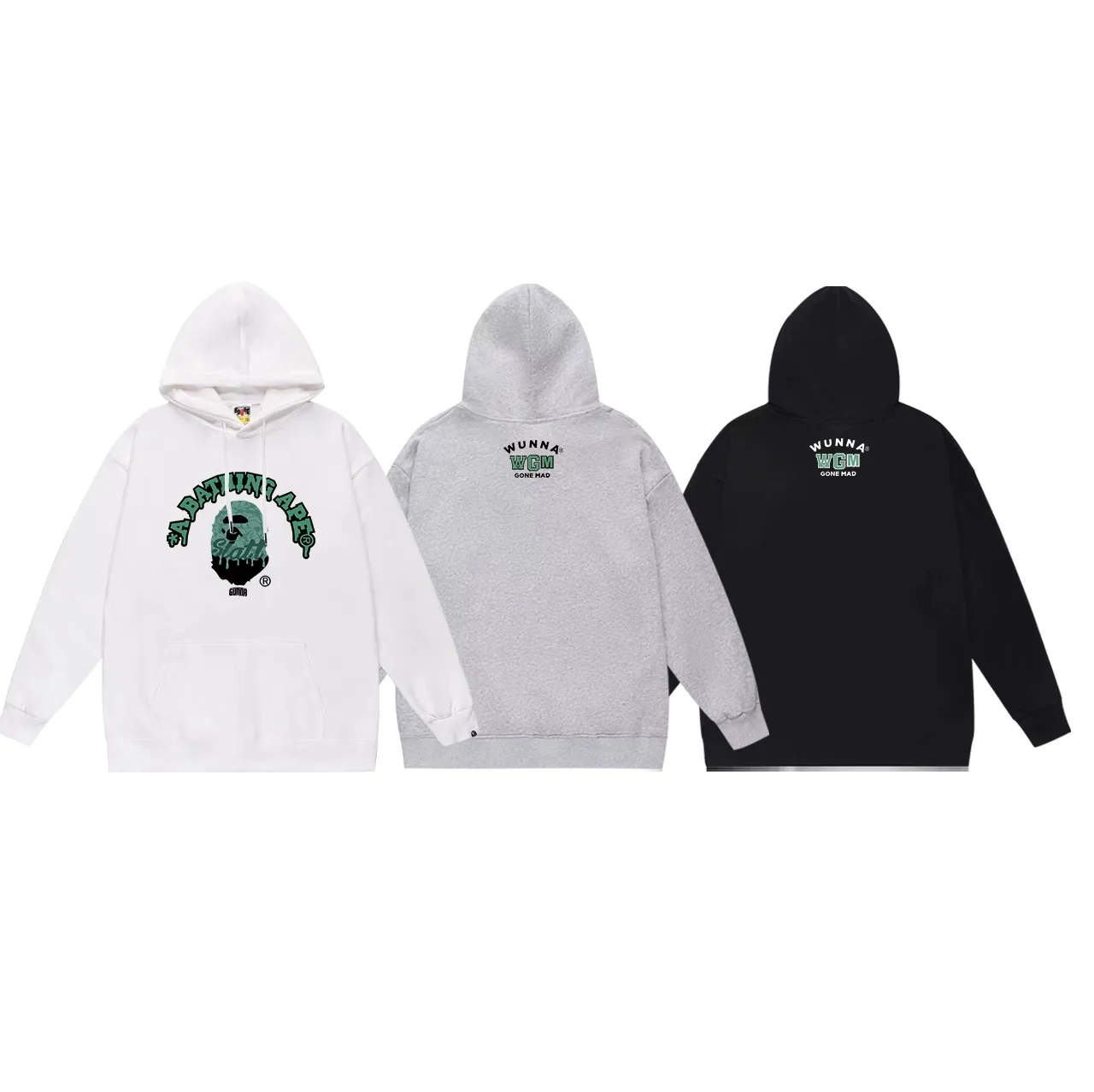 Model No. SC651#terry p160 plus velvet p180💰 (top version) BAPE ✖️GUNNA co-branded ape-head letter printed hooded sweatshirt Made of 380g large terry 430g silver fox velvet (off-shoulder large version) fabric, soft texture and no pilling Imported environmentally friendly printing glue The pattern is bright and three-dimensional Quality 💥Same style for men and women The upper body is trendy Color: black white gray Size: S M L XL XXL