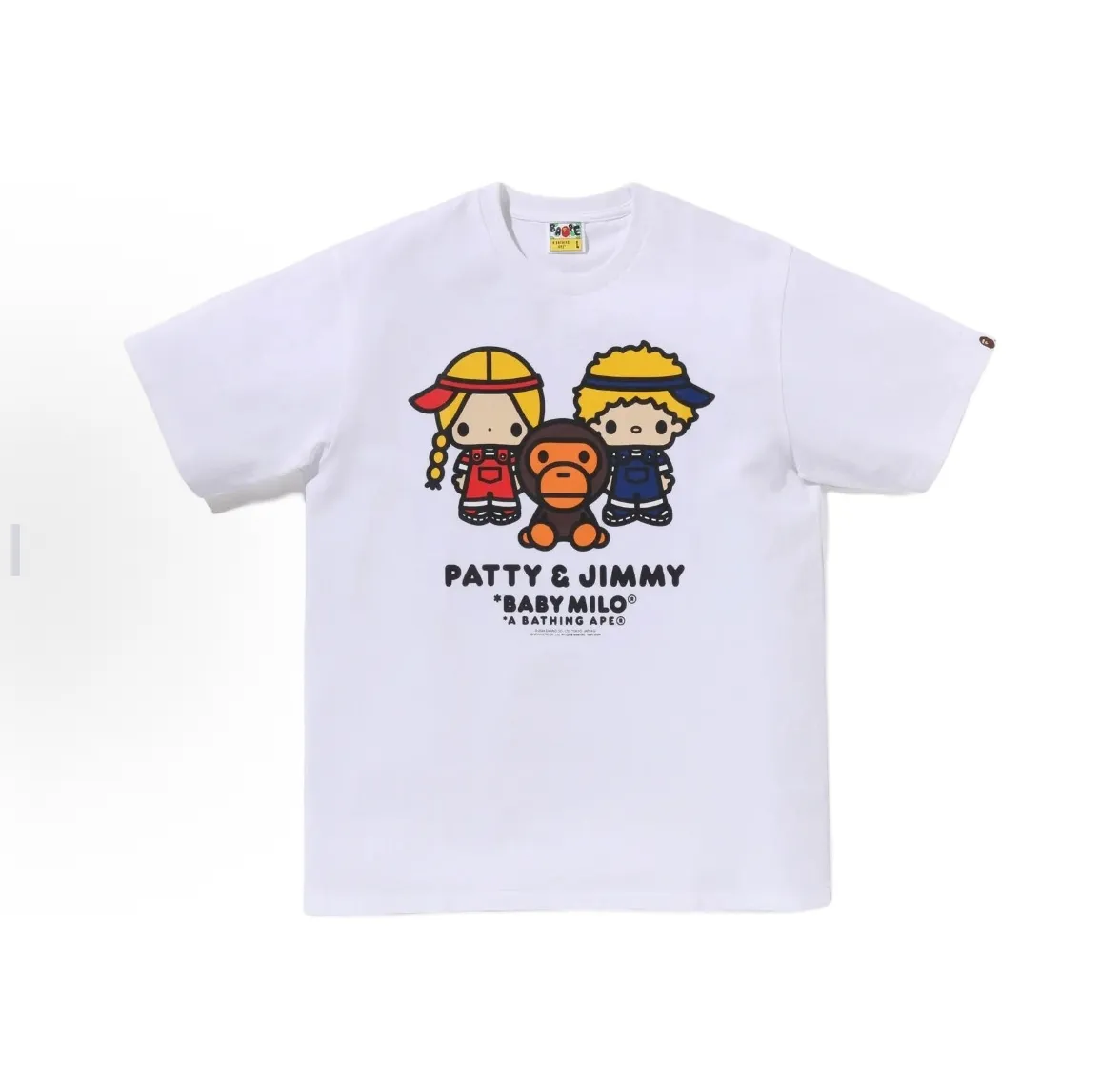 P110 00137 BAPE x Sanrio/Sanrio joint model FW24 PATTY & JIMMY Patty & Jimmy pattern letter printed logo short-sleeved T-shirt, same style for men and women, size smlxlxxl, white