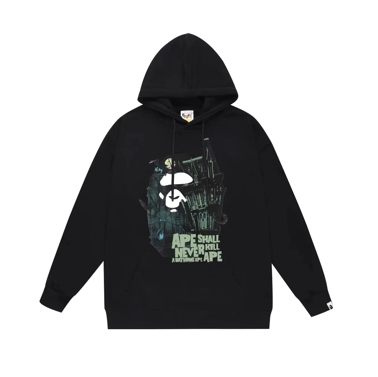 Model No. SC747# Terry p160 plus velvet 180💰 (top version) BAPE Halloween limited ape head mansion pattern hooded sweatshirt. Made of 380g large terry (drop shoulder large version) fabric. The texture is soft and non-pilling. Imported environmentally friendly printing glue. The pattern is bright and three-dimensional. Quality💥Same style for men and women. The upper body is trendy. Color: black white gray Size: S M L XL XXL