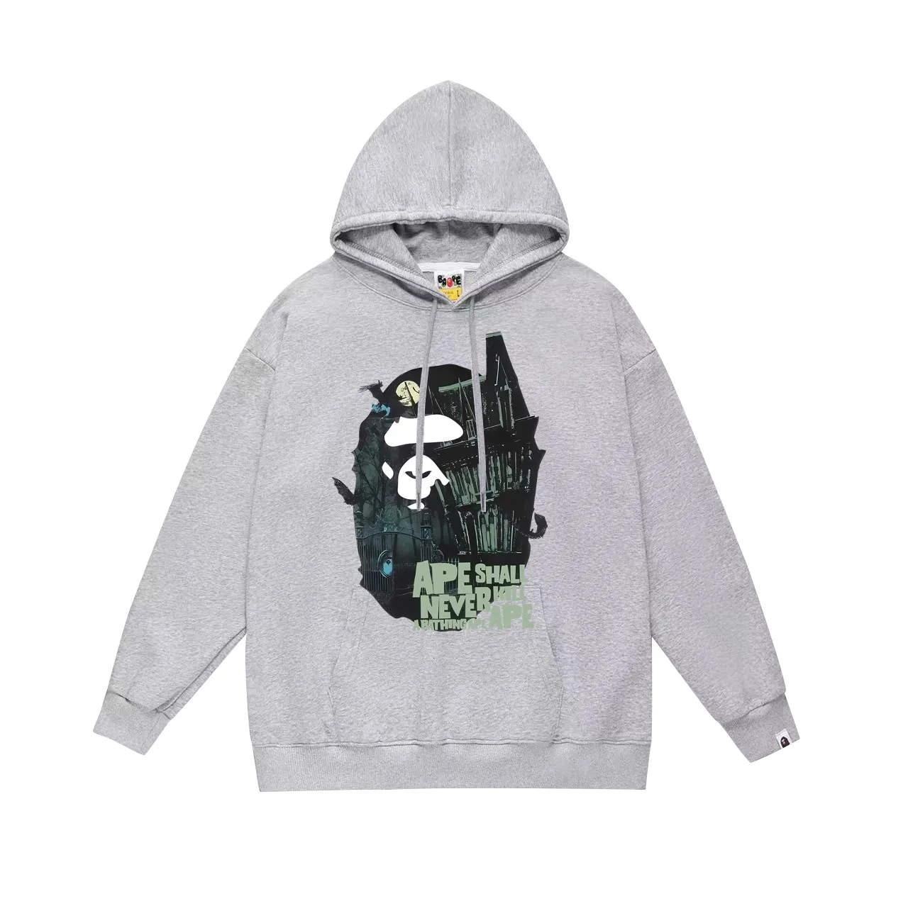 Model No. SC747# Terry p160 plus velvet 180💰 (top version) BAPE Halloween limited ape head mansion pattern hooded sweatshirt. Made of 380g large terry (drop shoulder large version) fabric. The texture is soft and non-pilling. Imported environmentally friendly printing glue. The pattern is bright and three-dimensional. Quality💥Same style for men and women. The upper body is trendy. Color: black white gray Size: S M L XL XXL