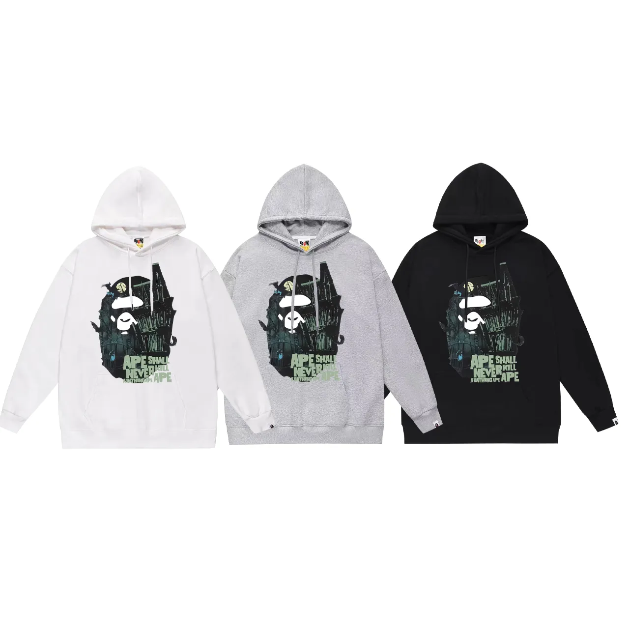 Model No. SC747# Terry p160 plus velvet 180💰 (top version) BAPE Halloween limited ape head mansion pattern hooded sweatshirt. Made of 380g large terry (drop shoulder large version) fabric. The texture is soft and non-pilling. Imported environmentally friendly printing glue. The pattern is bright and three-dimensional. Quality💥Same style for men and women. The upper body is trendy. Color: black white gray Size: S M L XL XXL