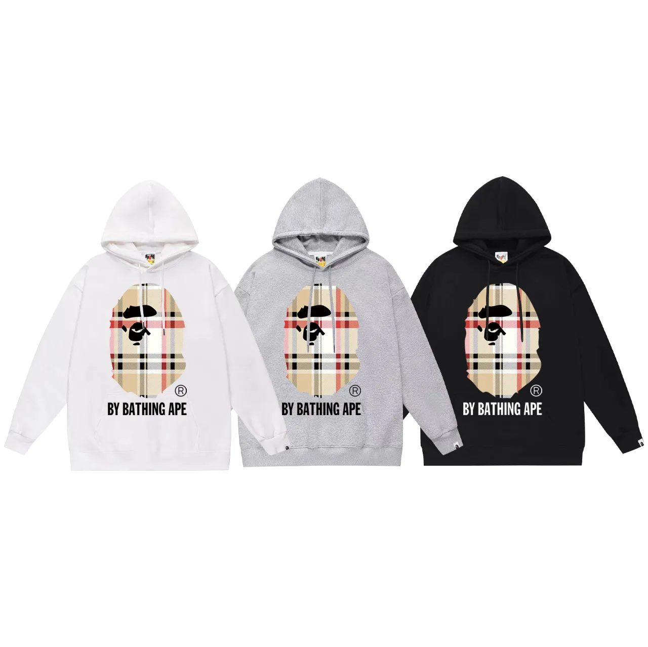 P160 model number SC778# terry 80 plus velvet 90 (top version) BAPE plaid ape head letter printed hooded sweatshirt Made of 380g large terry (drop shoulder large version) fabric, soft texture and no pilling Imported environmentally friendly printing glue The pattern is bright and three-dimensional Quality 💥Same style for men and women The upper body is trendy Color: black white gray Size: S M L XL XXL