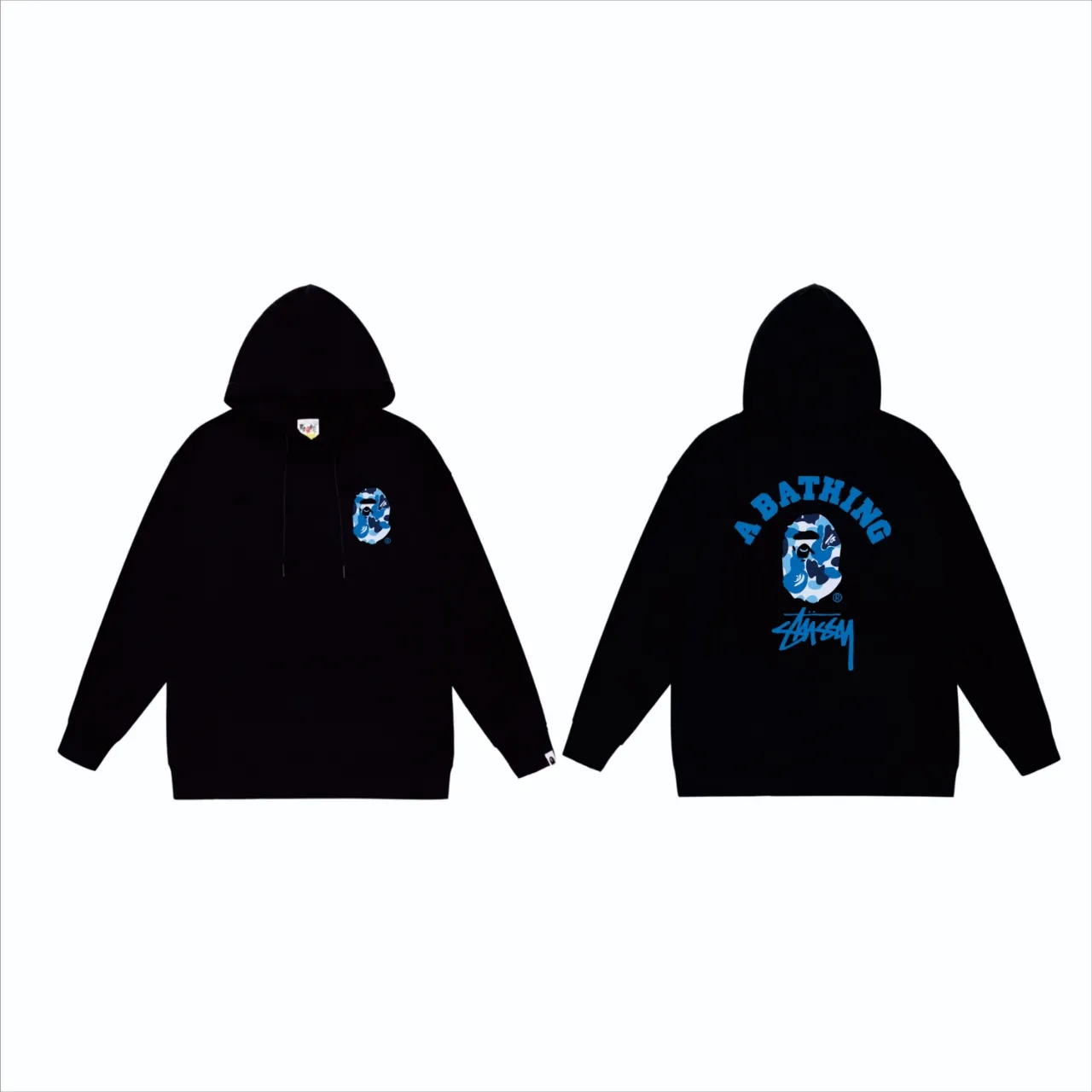 P160 model number SC811# terry 80 plus velvet 90 (top version) BAPE×STUSSY co-branded Stussy letter printed hooded sweatshirt Made of 380 grams of large terry (drop shoulder large version) fabric, soft texture and no pilling Imported environmentally friendly printing glue The pattern is bright and three-dimensional Quality 💥Same style for men and women The upper body is trendy Color: Black White Gray Size: S M L XL XXL