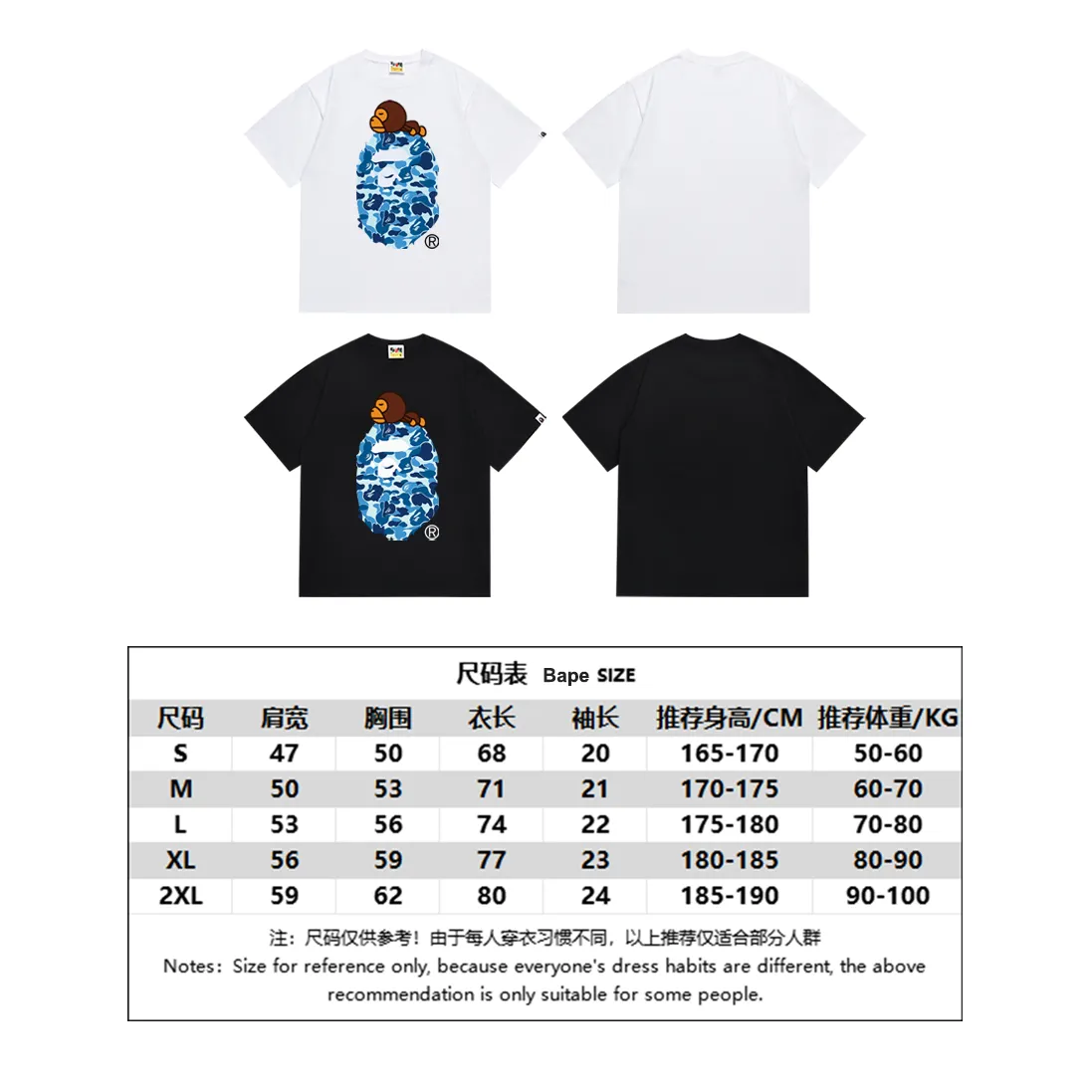 P110 SC048# (top version) BAPE camouflage ape head LOGO printed short-sleeved T-shirt Made of 260 grams of high-quality high-weave pure cotton fabric, double yarn combed, soft texture and no pilling Imported environmentally friendly printing glue, bright and three-dimensional pattern, quality 💥Same style for men and women, the upper body is fashionable Color: black green, white green, black pink, white powder, black blue, white blue Size: S M L XL XXL