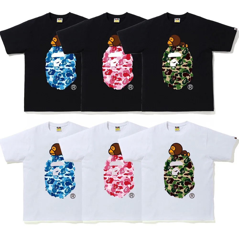 P110 SC048# (top version) BAPE camouflage ape head LOGO printed short-sleeved T-shirt Made of 260 grams of high-quality high-weave pure cotton fabric, double yarn combed, soft texture and no pilling Imported environmentally friendly printing glue, bright and three-dimensional pattern, quality 💥Same style for men and women, the upper body is fashionable Color: black green, white green, black pink, white powder, black blue, white blue Size: S M L XL XXL