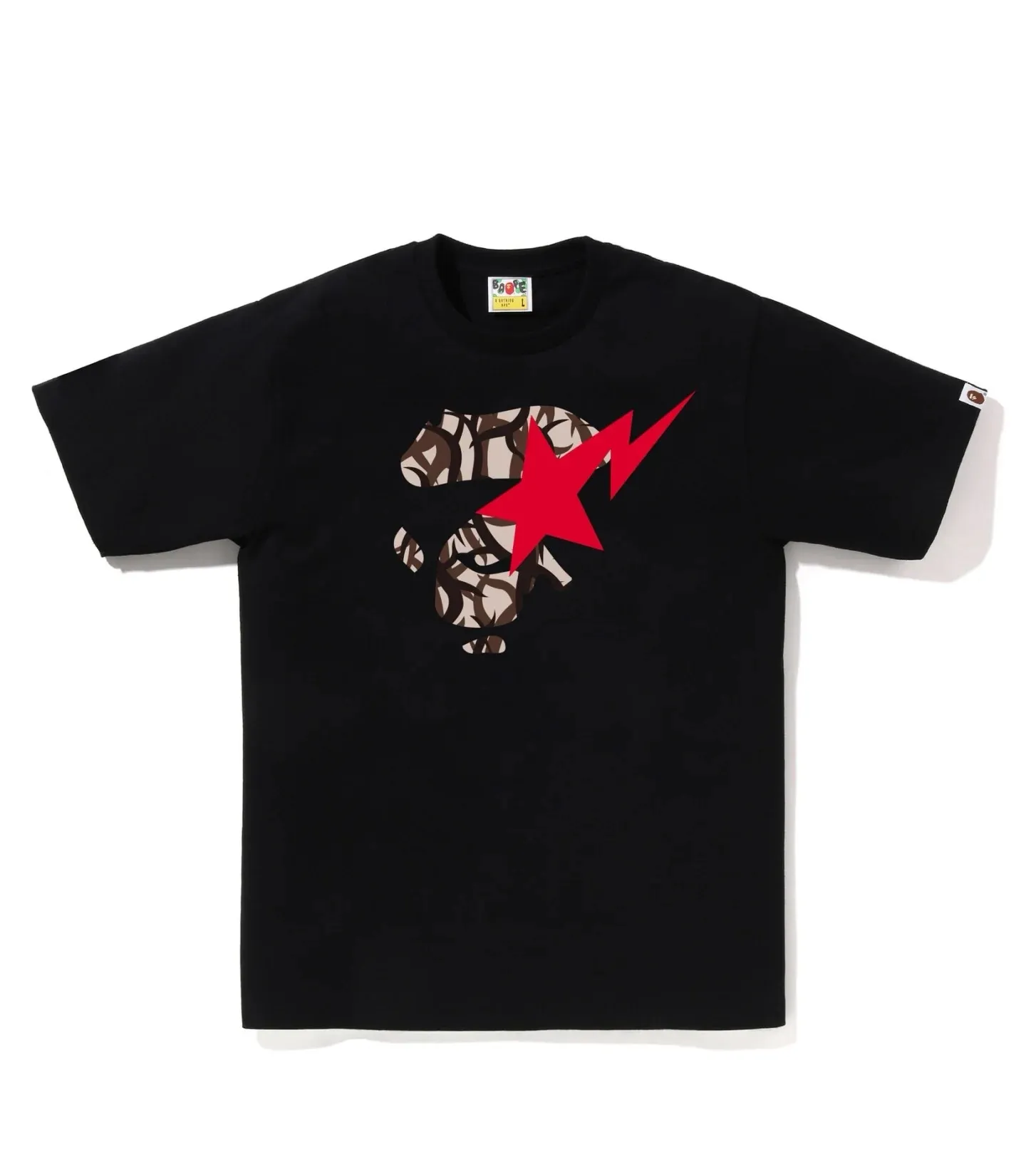 P110 001153 model BAPE SS25 star pattern letter print loose round collar collar logo short-sleeved T-shirt same style for men and women code number smlxlxxl black and yellow, black and green, white and yellow, white and green