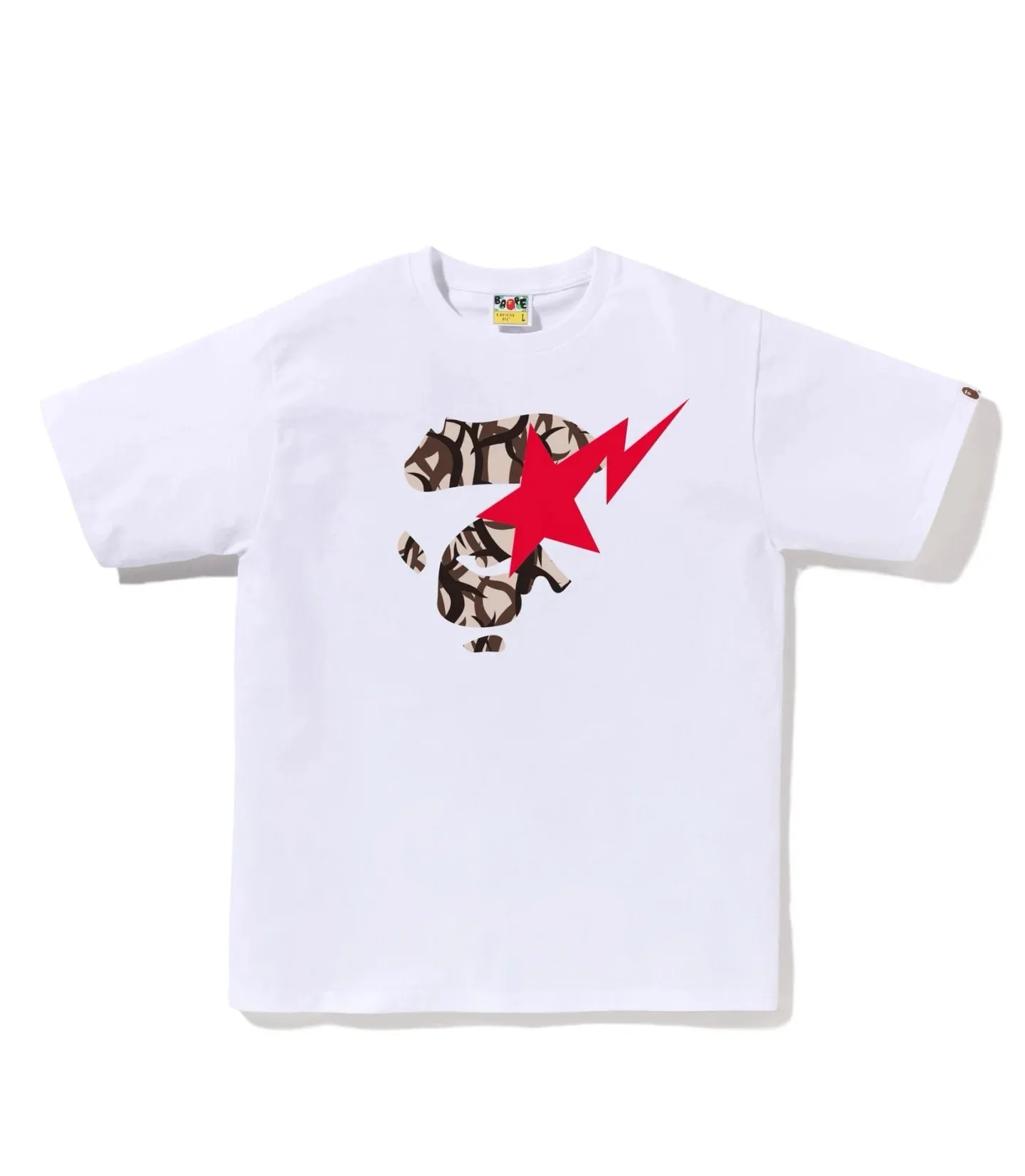 P110 001153 model BAPE SS25 star pattern letter print loose round collar collar logo short-sleeved T-shirt same style for men and women code number smlxlxxl black and yellow, black and green, white and yellow, white and green
