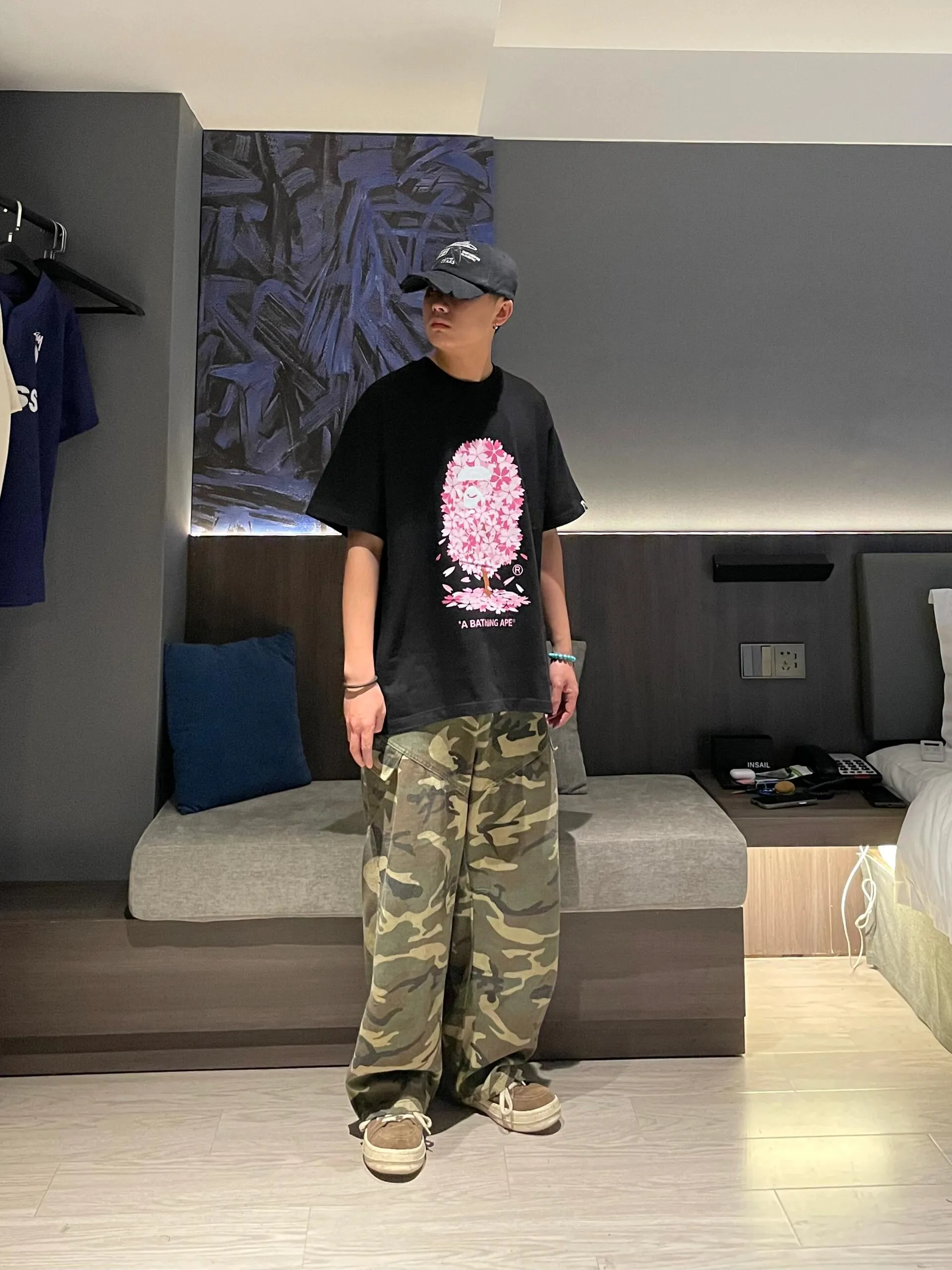 💰140 Bape Sakura Tree Second Generation Limited 2022SS Linen Cotton Fabric 280g Couple Style: S—XXL [Black White]