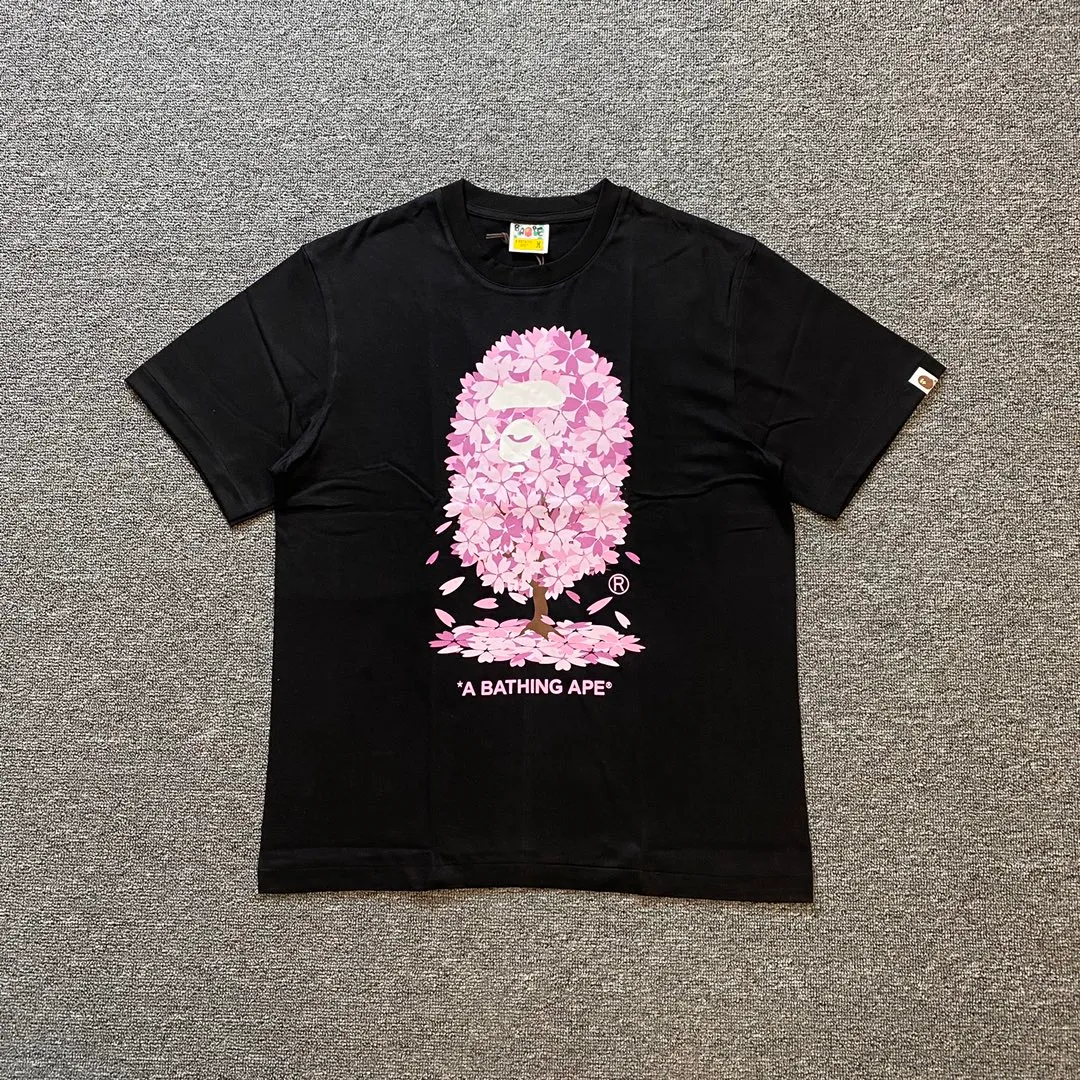 💰140 Bape Sakura Tree Second Generation Limited 2022SS Linen Cotton Fabric 280g Couple Style: S—XXL [Black White]