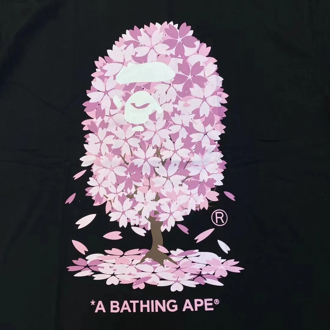 💰140 Bape Sakura Tree Second Generation Limited 2022SS Linen Cotton Fabric 280g Couple Style: S—XXL [Black White]