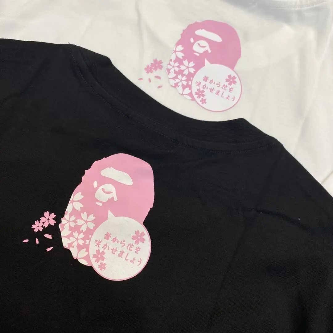 💰140 Bape Sakura Tree Second Generation Limited 2022SS Linen Cotton Fabric 280g Couple Style: S—XXL [Black White]