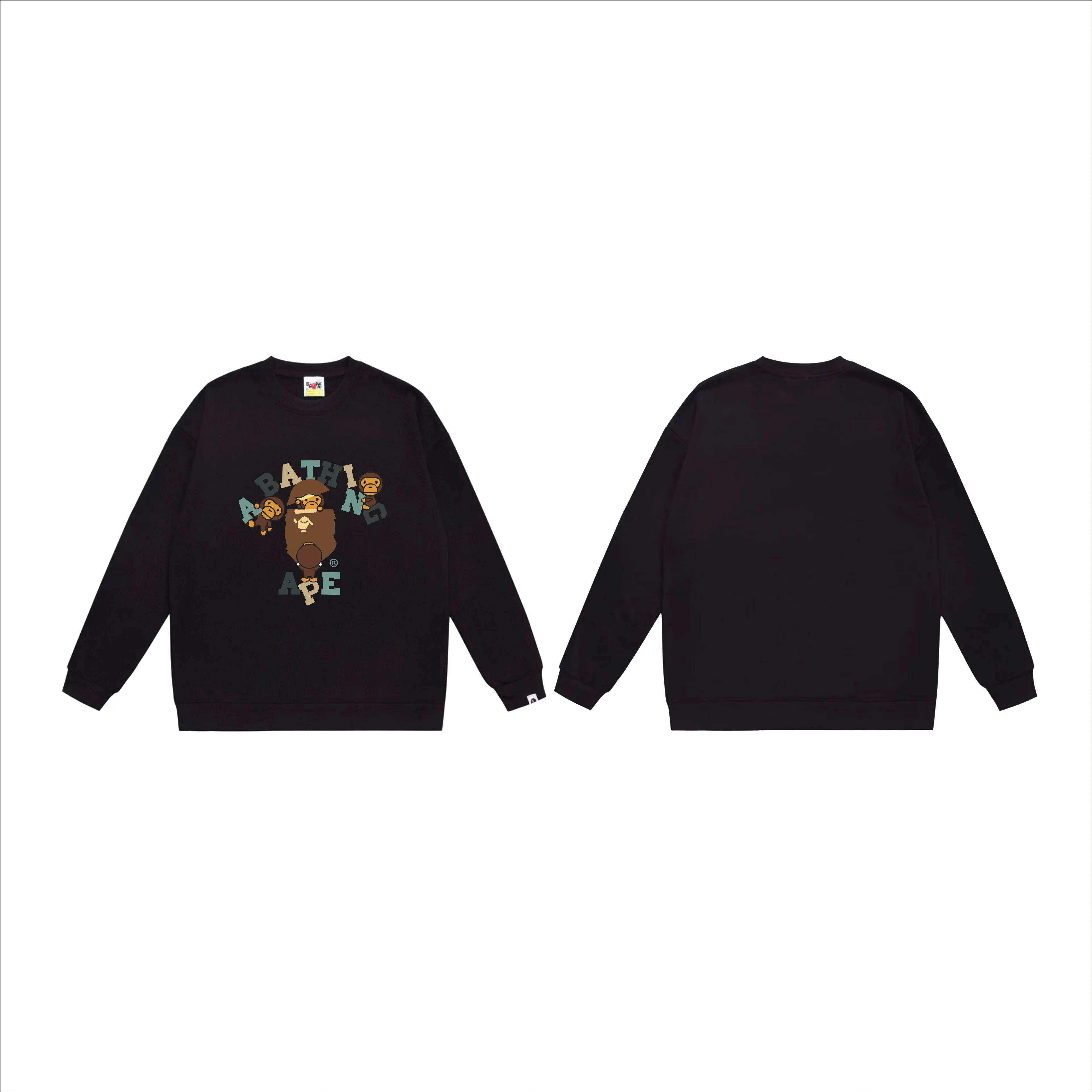 P150 model number SC538# terry 75 plus velvet 80 (top version) BAPE cartoon BABY MILO ape head letter printed round neck sweatshirt. Made of 350g large terry (drop shoulder large version) fabric. The texture is soft and non-pilling. Imported environmentally friendly printing glue. The pattern is bright and three-dimensional. Quality 💥Same style for men and women. The upper body is trendy. Color: black white gray Size: S M L XL XXL