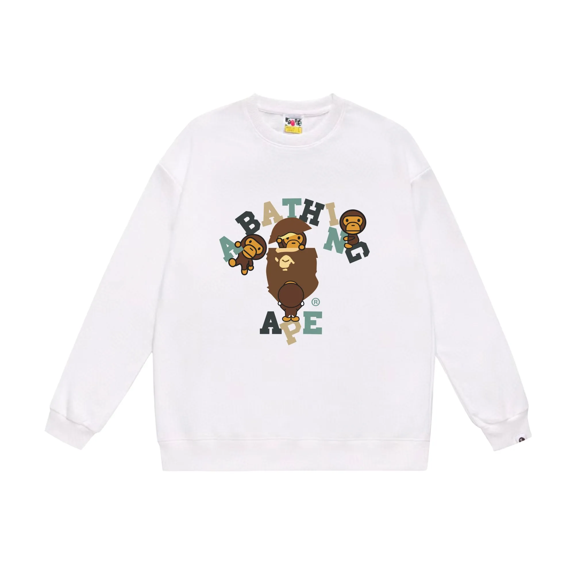 P150 model number SC538# terry 75 plus velvet 80 (top version) BAPE cartoon BABY MILO ape head letter printed round neck sweatshirt. Made of 350g large terry (drop shoulder large version) fabric. The texture is soft and non-pilling. Imported environmentally friendly printing glue. The pattern is bright and three-dimensional. Quality 💥Same style for men and women. The upper body is trendy. Color: black white gray Size: S M L XL XXL