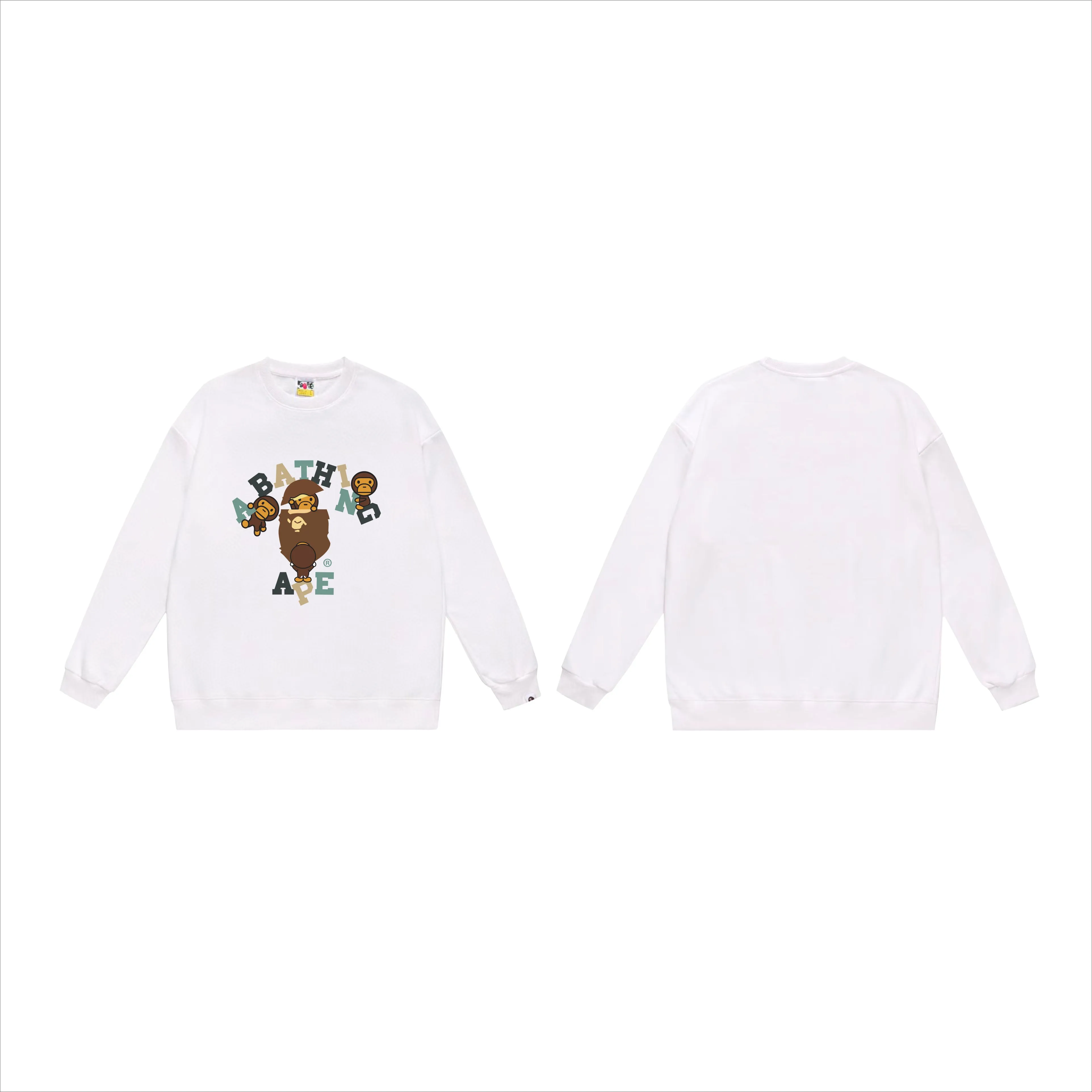 P150 model number SC538# terry 75 plus velvet 80 (top version) BAPE cartoon BABY MILO ape head letter printed round neck sweatshirt. Made of 350g large terry (drop shoulder large version) fabric. The texture is soft and non-pilling. Imported environmentally friendly printing glue. The pattern is bright and three-dimensional. Quality 💥Same style for men and women. The upper body is trendy. Color: black white gray Size: S M L XL XXL