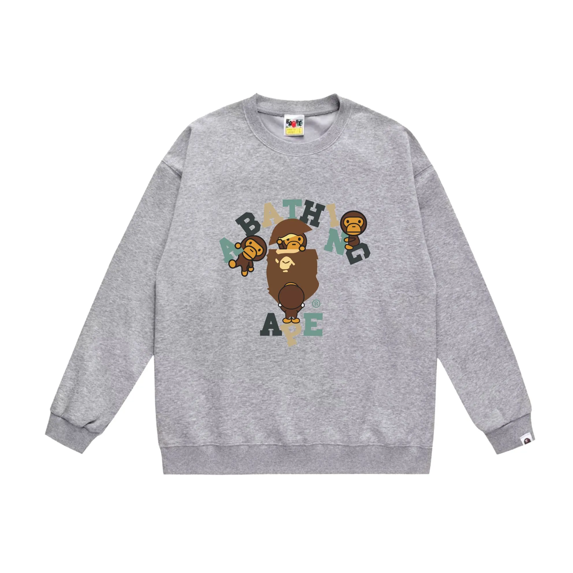 P150 model number SC538# terry 75 plus velvet 80 (top version) BAPE cartoon BABY MILO ape head letter printed round neck sweatshirt. Made of 350g large terry (drop shoulder large version) fabric. The texture is soft and non-pilling. Imported environmentally friendly printing glue. The pattern is bright and three-dimensional. Quality 💥Same style for men and women. The upper body is trendy. Color: black white gray Size: S M L XL XXL