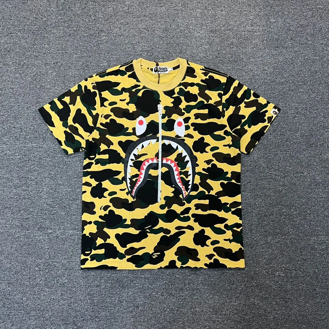 💰140 BAPE shark camouflage WGM classic reproduction ZP version 255g weight pure cotton all-over printed camouflage couple model: S-XXL [green yellow red purple blue]