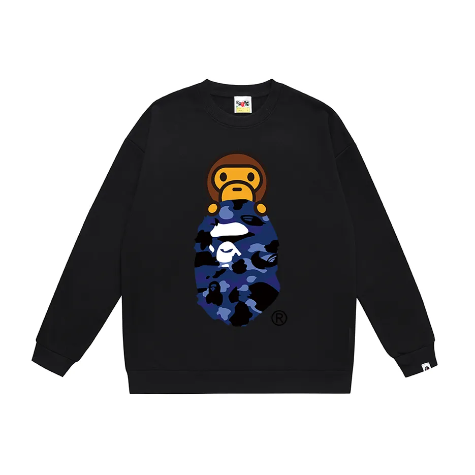 P150 model number SC468# terry 75 plus velvet 80 (top version) BAPE COLOR CAMO MILO ON APE camouflage ape print round neck sweatshirt Made of 350g large terry (drop shoulder large version) fabric, soft and non-pilling, imported environmentally friendly printing glue, bright and three-dimensional pattern, quality 💥Same style for men and women, the upper body is trendy. Color: black and red, white and red, gray and red, black and blue, white and blue, gray and blue, black and yellow. White and yellow Gray and yellow Black and purple White and purple Gray and purple Size: S M L XL XXL