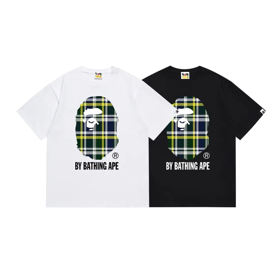 SC150#p110💰 (top version) BAPE plaid ape head letter printed short-sleeved T-shirt Made of 260 grams of high-quality high-weave pure cotton fabric, double yarn combed, soft texture and no pilling Imported environmentally friendly printing glue, bright and three-dimensional pattern, quality 💥Same style for men and women, the upper body is fashionable Color: black white Size: S M L XL XXL