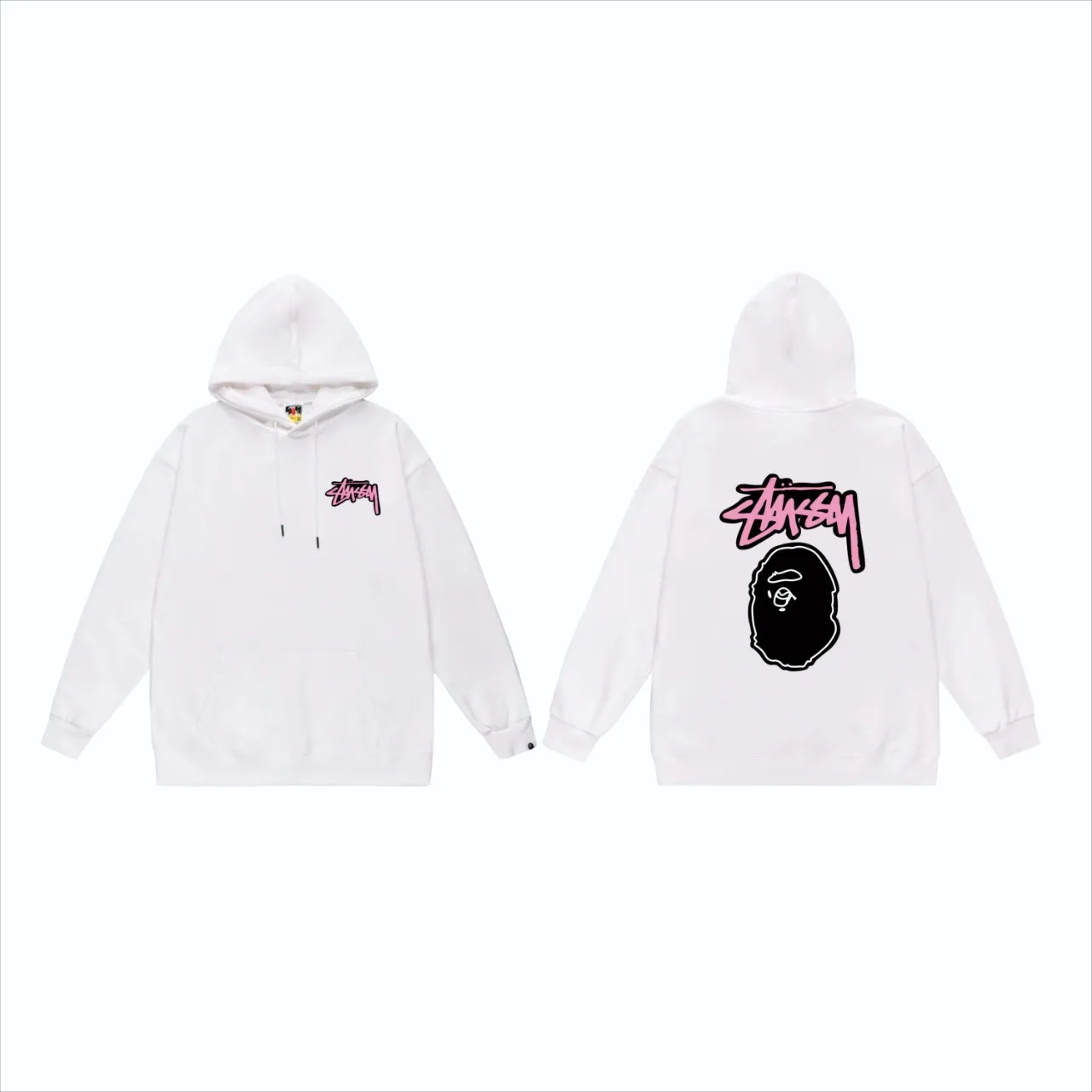 P160 model number SC806# terry 80 plus velvet 90 (top version) BAPE×STUSSY co-branded Stussy letter printed hooded sweatshirt Made of 380g large terry (drop shoulder large version) fabric, soft texture and no pilling Imported environmentally friendly printing glue The pattern is bright and three-dimensional Quality 💥Same style for men and women The upper body is trendy Color: black white gray Size: S M L XL XXL
