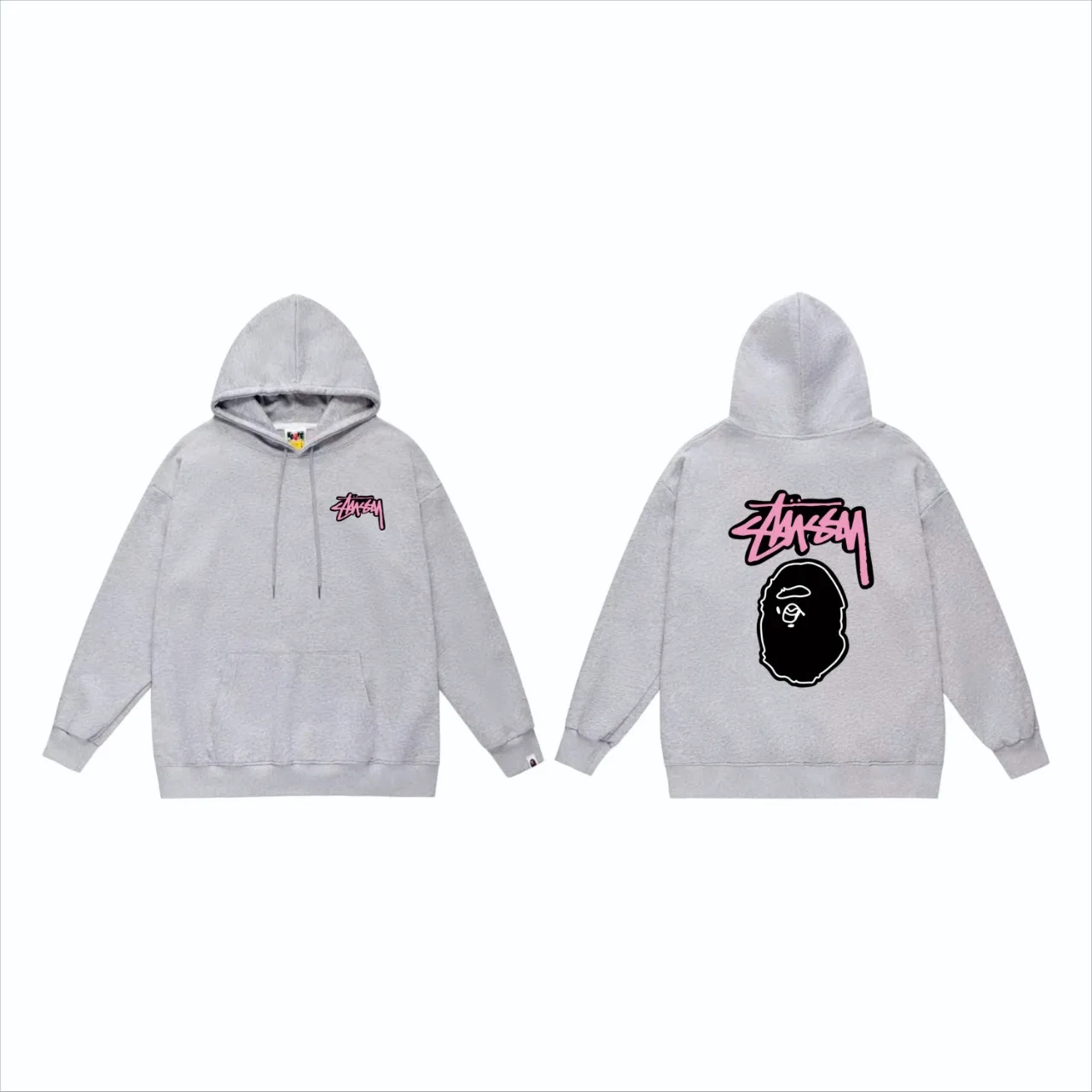 P160 model number SC806# terry 80 plus velvet 90 (top version) BAPE×STUSSY co-branded Stussy letter printed hooded sweatshirt Made of 380g large terry (drop shoulder large version) fabric, soft texture and no pilling Imported environmentally friendly printing glue The pattern is bright and three-dimensional Quality 💥Same style for men and women The upper body is trendy Color: black white gray Size: S M L XL XXL