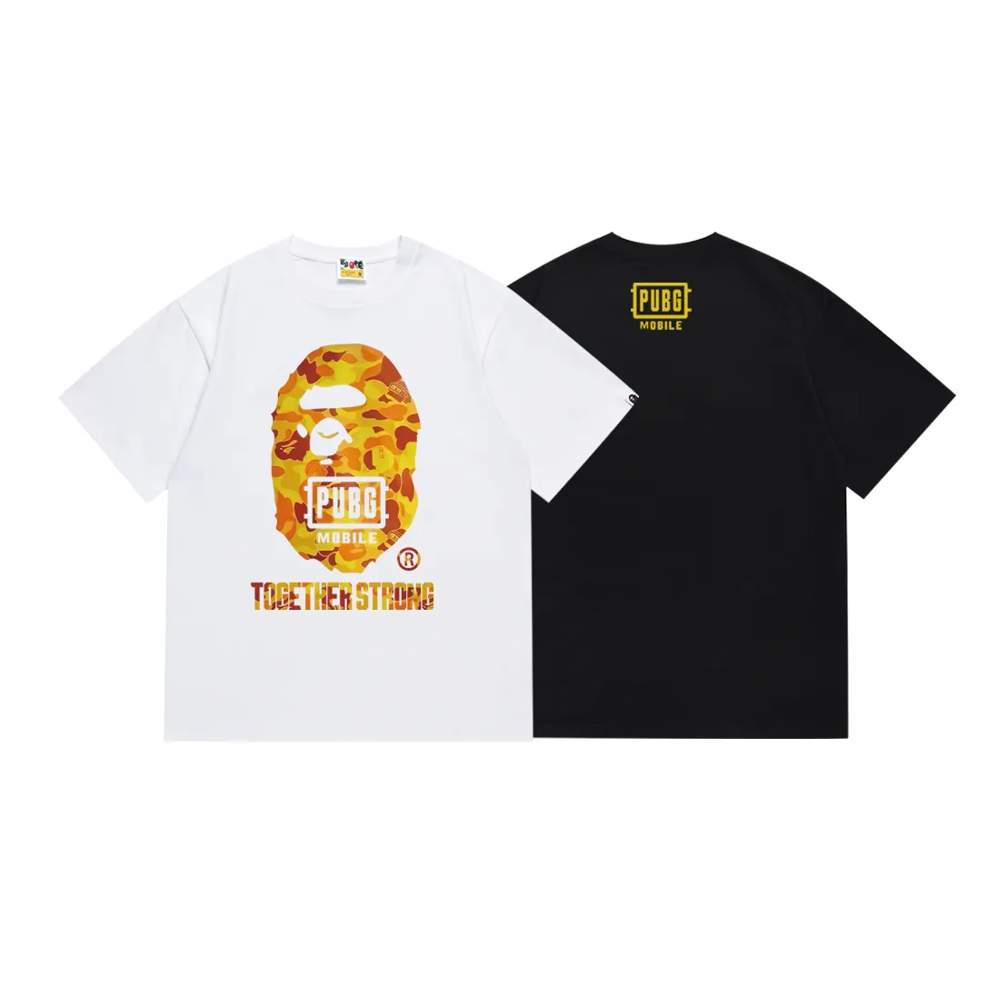SC172#p110💰 (Top version) BAPE Peace Elite chicken joint orange camouflage great ape head short-sleeved T-shirt. Made of 260 grams of high-quality high-weave pure cotton fabric. Double yarn combed, soft texture and no pilling. Imported environmentally friendly printing glue. Bright and three-dimensional pattern. Quality💥Same style for men and women. The upper body is trendy. Color: black white. Size: S M L XL XXL