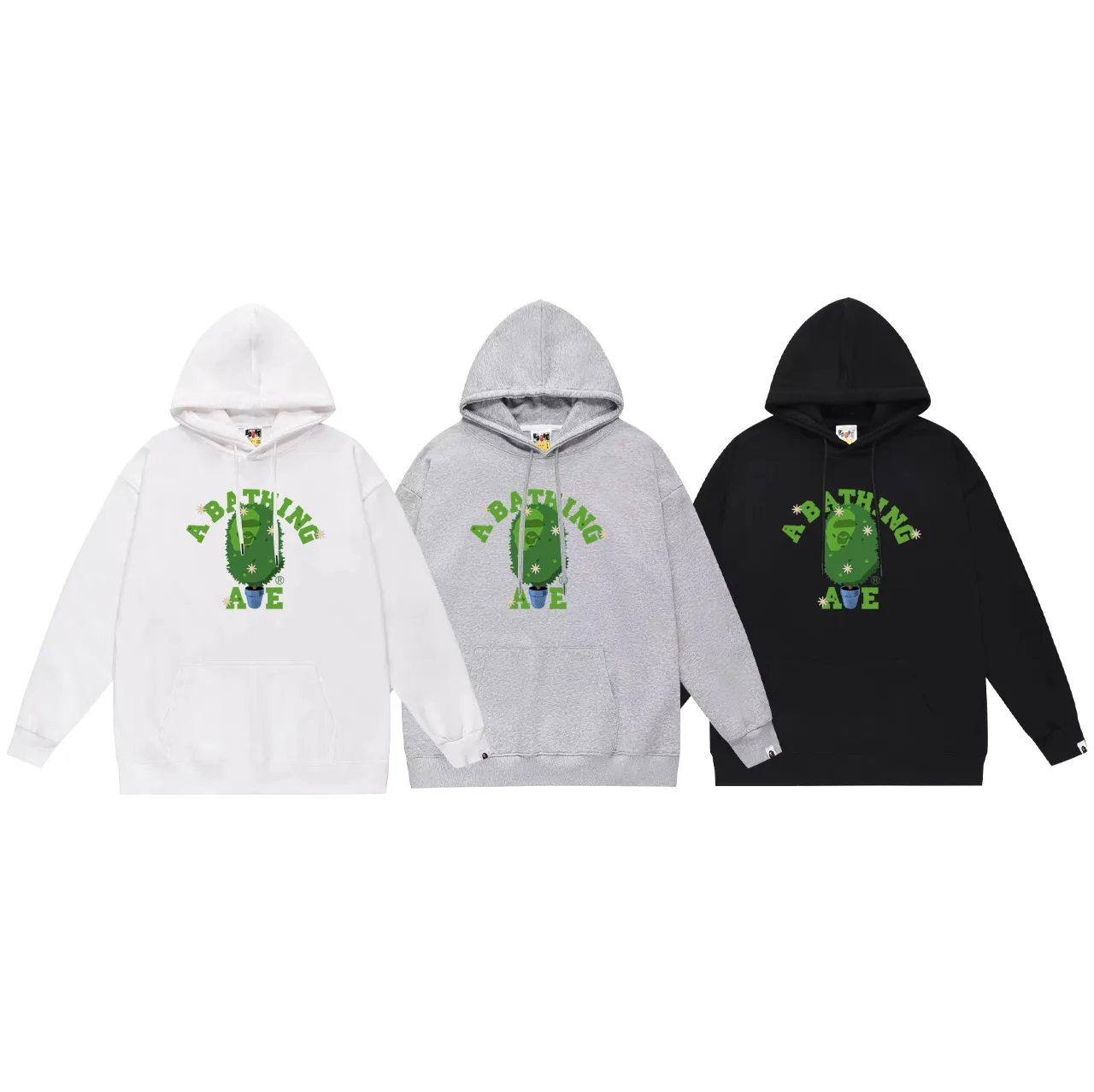 P160 model number SC783# terry 80 plus velvet 90 (top version) BAPE potted flower limited edition printed hooded sweatshirt. Made of 380g large terry (drop shoulder large version) fabric. The texture is soft and non-pilling. Imported environmentally friendly printing glue. The pattern is bright and three-dimensional. Quality 💥Same style for men and women. The upper body is trendy. Color: black white gray Size: S M L XL XXL