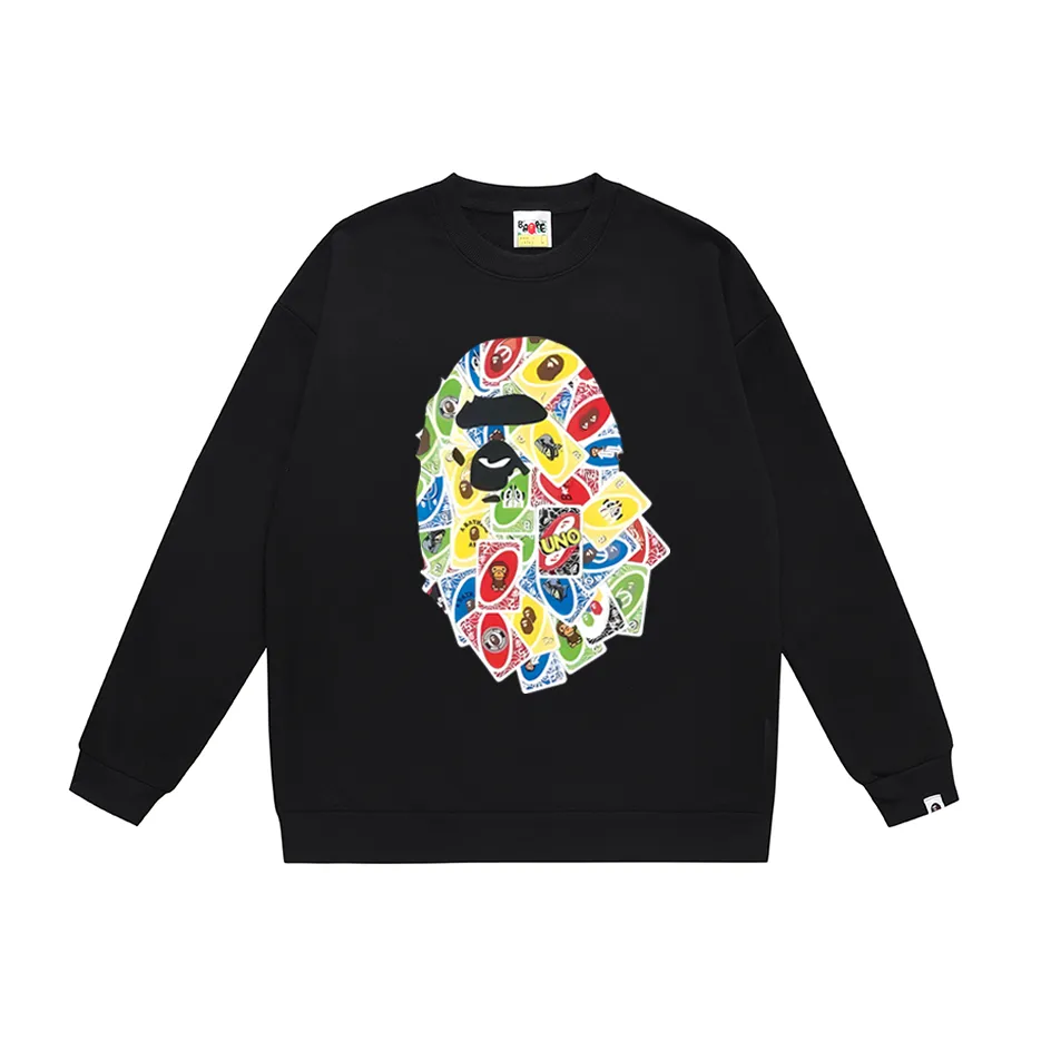 P170 model number SC305# terry 80 plus velvet 85 (top version) BAPE ape head playing card printed round neck sweatshirt. Made of 350g large terry (drop shoulder large version) fabric. The texture is soft and non-pilling. Imported environmentally friendly printing glue. The pattern is bright and three-dimensional. Quality 💥Same style for men and women. The upper body is trendy. Color: black white gray Size: S M L XL XXL