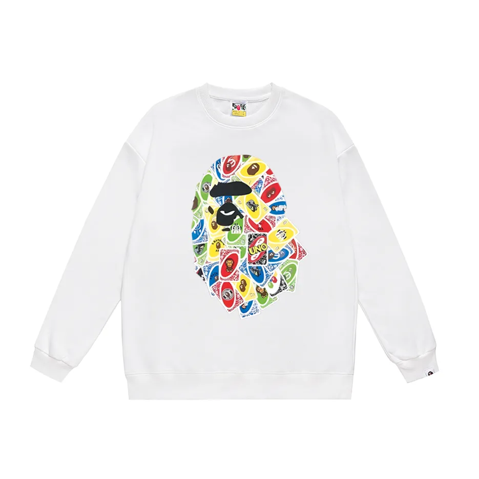 P170 model number SC305# terry 80 plus velvet 85 (top version) BAPE ape head playing card printed round neck sweatshirt. Made of 350g large terry (drop shoulder large version) fabric. The texture is soft and non-pilling. Imported environmentally friendly printing glue. The pattern is bright and three-dimensional. Quality 💥Same style for men and women. The upper body is trendy. Color: black white gray Size: S M L XL XXL