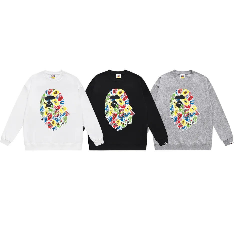 P170 model number SC305# terry 80 plus velvet 85 (top version) BAPE ape head playing card printed round neck sweatshirt. Made of 350g large terry (drop shoulder large version) fabric. The texture is soft and non-pilling. Imported environmentally friendly printing glue. The pattern is bright and three-dimensional. Quality 💥Same style for men and women. The upper body is trendy. Color: black white gray Size: S M L XL XXL