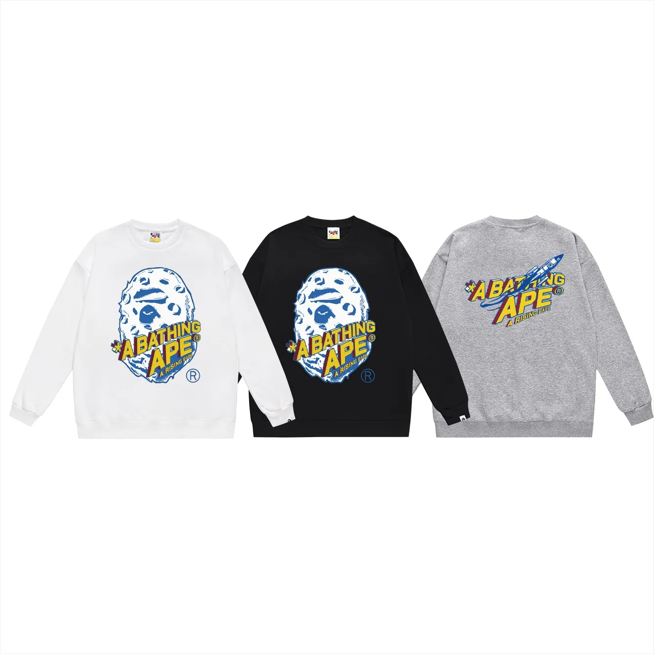 P150 model number SC484# terry 75 plus velvet 80 (top version) BAPE moon ape head rocket letter comic style round neck sweatshirt Made of 350g large terry (drop shoulder large version) fabric, soft texture and no pilling Imported environmentally friendly printing glue The pattern is bright and three-dimensional Quality 💥Same style for men and women The upper body is fashionable Color: black white gray Size: S M L XL XXL
