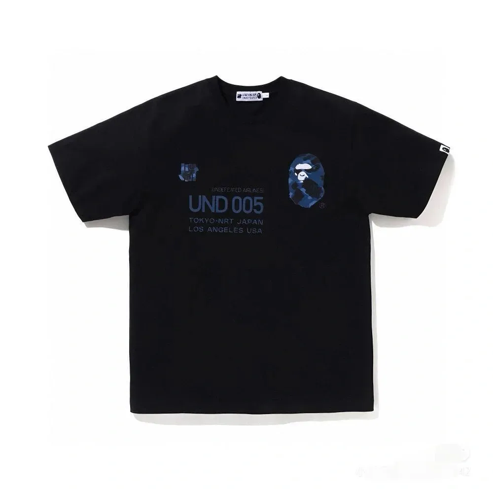 P110 001002 UNDEFEATED x BAPE collaboration series, five-stripe letter pattern printed ape head round neck short-sleeved T-shirt, same style for men and women, size smlxlxxl, black and blue, white and blue