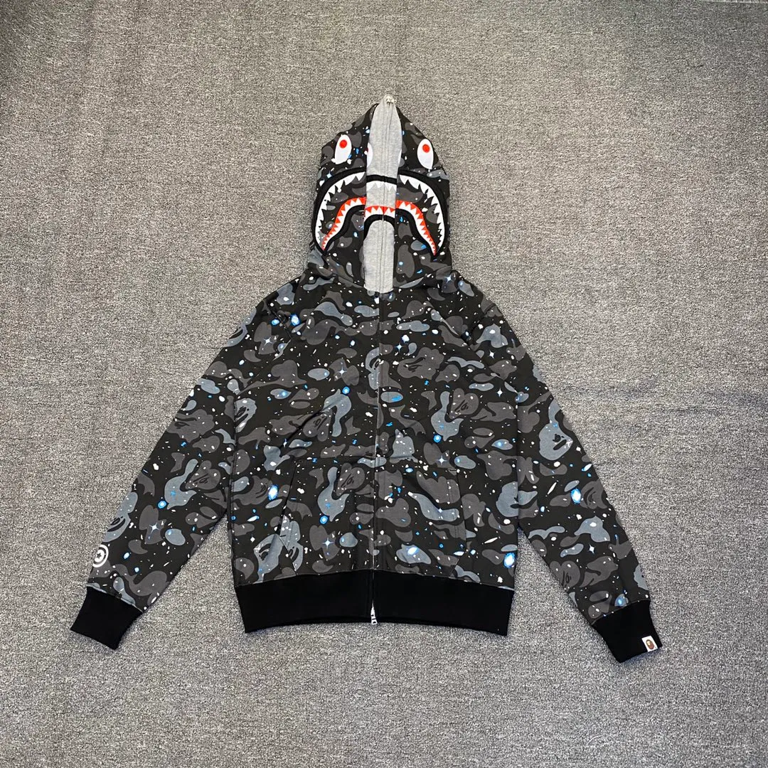 💰440 BAPE SPACE CAMO SHARK 21SS Luminous starry sky camouflage double-headed shark sweatshirt Couple style: S—XXL [Black White]
