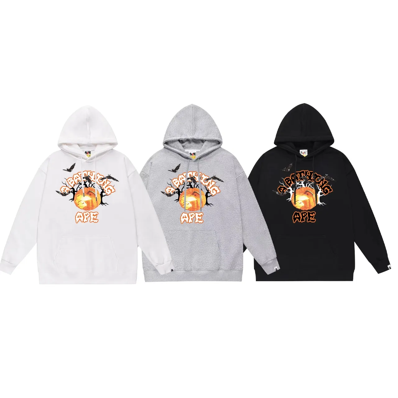 Model No. SC712#terry p160 plus velvet 180💰 (top version) BAPE autumn and winter Halloween pumpkin letter bat print hooded sweatshirt. Made of 380g large terry (drop shoulder large version) fabric. The texture is soft and non-pilling. Imported environmentally friendly printing glue. The pattern is bright and three-dimensional. Quality💥Same style for men and women. The upper body is trendy. Color: black white gray Size: S M L XL XXL