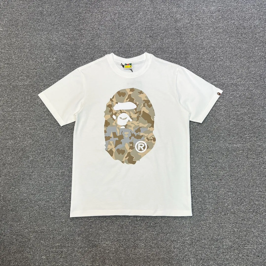 💰140 BAPE letter desert camouflage ape head double-sided printed short-sleeved T-shirt 280g weight linen cotton fabric Couple style: S-XXL [black apricot, white apricot, black blue, white blue]