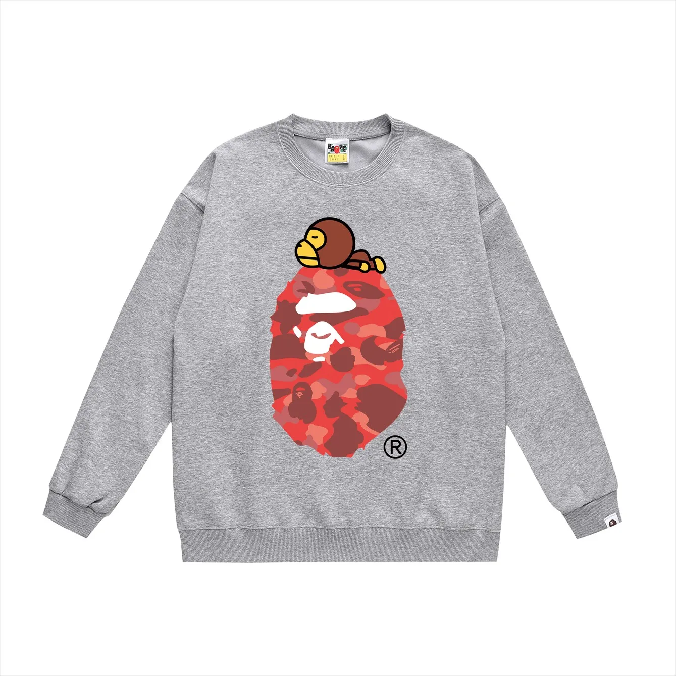 P150 model number SC463# terry 75 plus velvet 80 (top version) BAPE classic monogram ape head print round neck sweatshirt. Made of 350g large terry (drop shoulder large version) fabric, soft texture and no pilling. Imported environmentally friendly printing glue. Bright and three-dimensional pattern. Quality 💥Same style for men and women. The upper body is trendy. Colors: black and red, white and red, gray and red, black and blue, white and blue, gray and blue, black and green, white and green, white and gray. Black Purple White Purple Gray Purple Size: S M L XL XXL