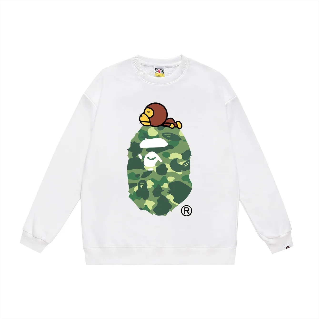 P150 model number SC463# terry 75 plus velvet 80 (top version) BAPE classic monogram ape head print round neck sweatshirt. Made of 350g large terry (drop shoulder large version) fabric, soft texture and no pilling. Imported environmentally friendly printing glue. Bright and three-dimensional pattern. Quality 💥Same style for men and women. The upper body is trendy. Colors: black and red, white and red, gray and red, black and blue, white and blue, gray and blue, black and green, white and green, white and gray. Black Purple White Purple Gray Purple Size: S M L XL XXL