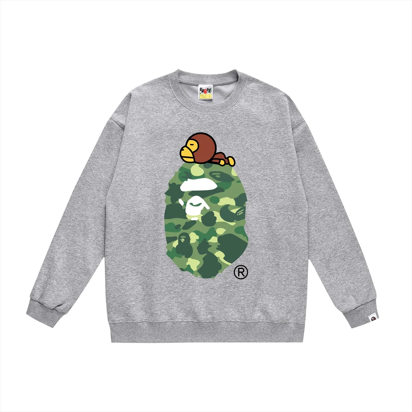 P150 model number SC463# terry 75 plus velvet 80 (top version) BAPE classic monogram ape head print round neck sweatshirt. Made of 350g large terry (drop shoulder large version) fabric, soft texture and no pilling. Imported environmentally friendly printing glue. Bright and three-dimensional pattern. Quality 💥Same style for men and women. The upper body is trendy. Colors: black and red, white and red, gray and red, black and blue, white and blue, gray and blue, black and green, white and green, white and gray. Black Purple White Purple Gray Purple Size: S M L XL XXL
