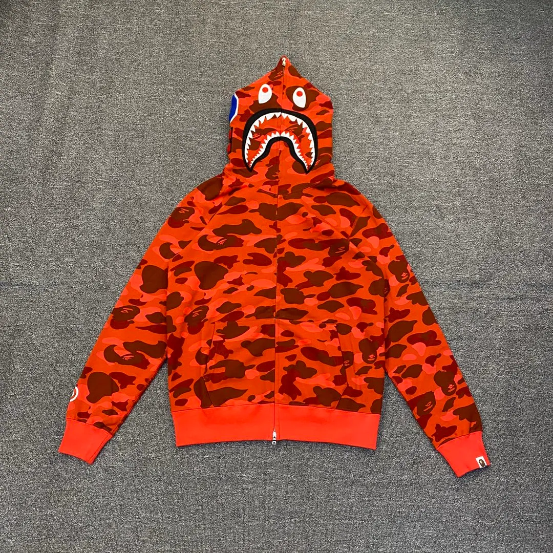 💰380 BAPE 1ST CAMO SHARK FULL Classic counter model Camouflage shark hooded zipper sweatshirt Machine-printed camouflage Top-quality fabric High-end 1:1 replica Customized fabric Couple model: S—XXL [Camouflage yellow, Camouflage green, Camouflage red, Camouflage purple, Camouflage blue, Camouflage gray]