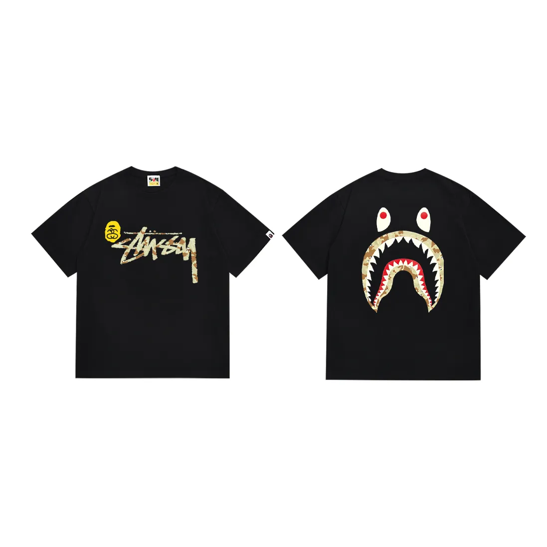 SC182#p110💰 (Top version) BAPE co-branded Stussy shark printed short-sleeved T-shirt Made of 260 grams of high-quality high-weave pure cotton fabric, double yarn combed, soft and non-pilling, imported environmentally friendly printing glue, bright and three-dimensional pattern, quality 💥Same style for men and women, the upper body is fashionable Color: black Size: S M L XL XXL