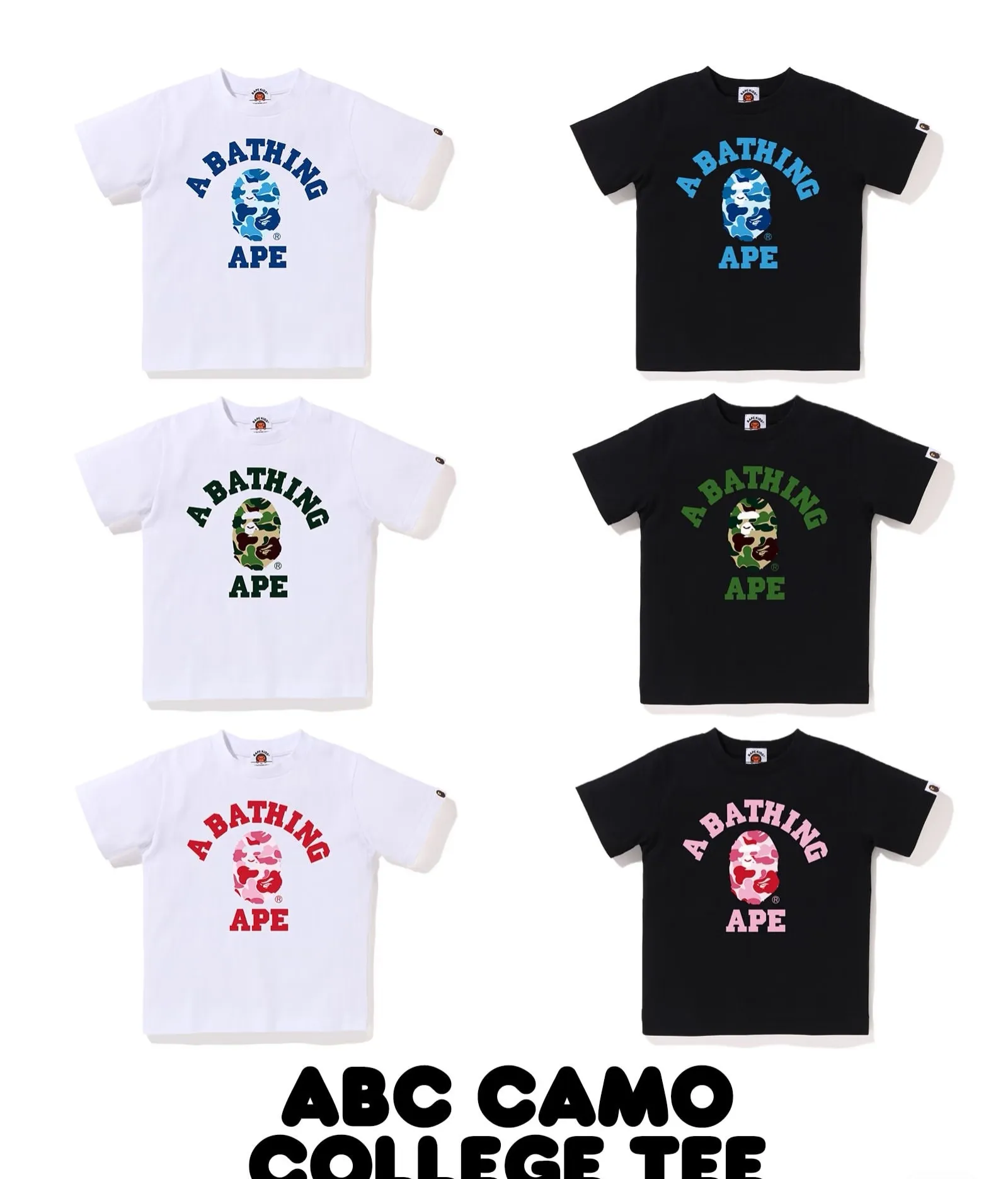 P110 001120 BAPE SS25 camouflage ape pattern comfortable and versatile short-sleeved T-shirt, same style for men and women, size smlxlxxl, white pink, black pink, white blue, black blue