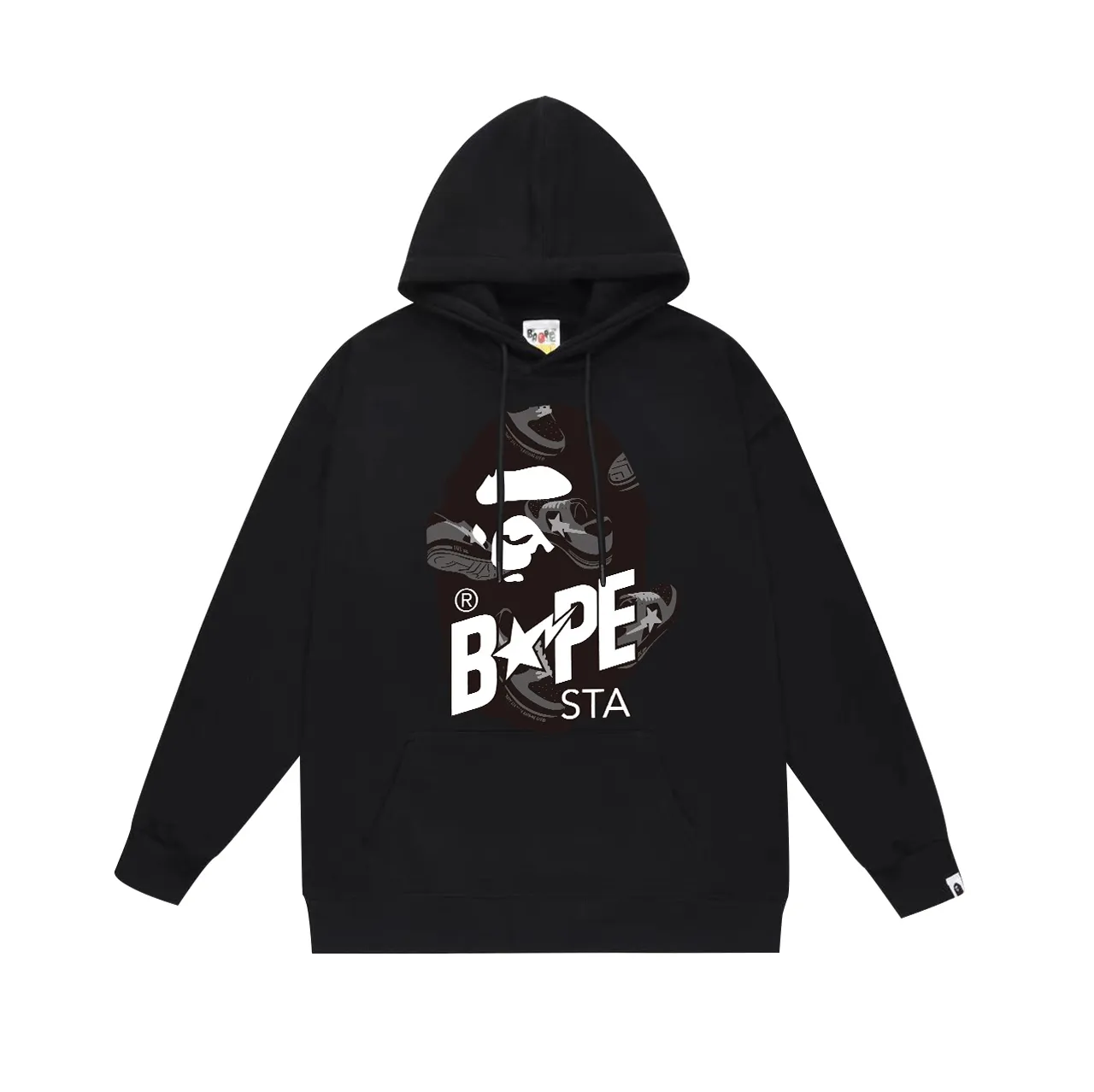 Model No. SC710# Terry p160 plus velvet 180💰 (top version) BAPE ape head letter printed STA casual shoe pattern hooded sweatshirt. Made of 380g large terry (drop shoulder large version) fabric. The texture is soft and non-pilling. Imported environmentally friendly printing glue. The pattern is bright and three-dimensional. Quality💥Same style for men and women. The upper body is trendy. Color: black white gray Size: S M L XL XXL