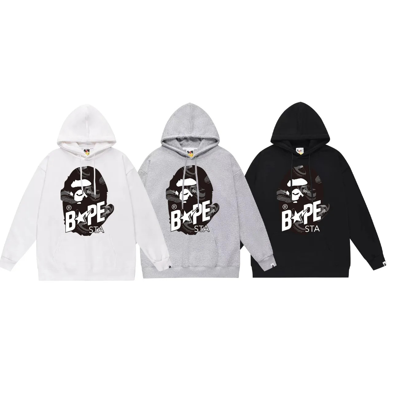 Model No. SC710# Terry p160 plus velvet 180💰 (top version) BAPE ape head letter printed STA casual shoe pattern hooded sweatshirt. Made of 380g large terry (drop shoulder large version) fabric. The texture is soft and non-pilling. Imported environmentally friendly printing glue. The pattern is bright and three-dimensional. Quality💥Same style for men and women. The upper body is trendy. Color: black white gray Size: S M L XL XXL