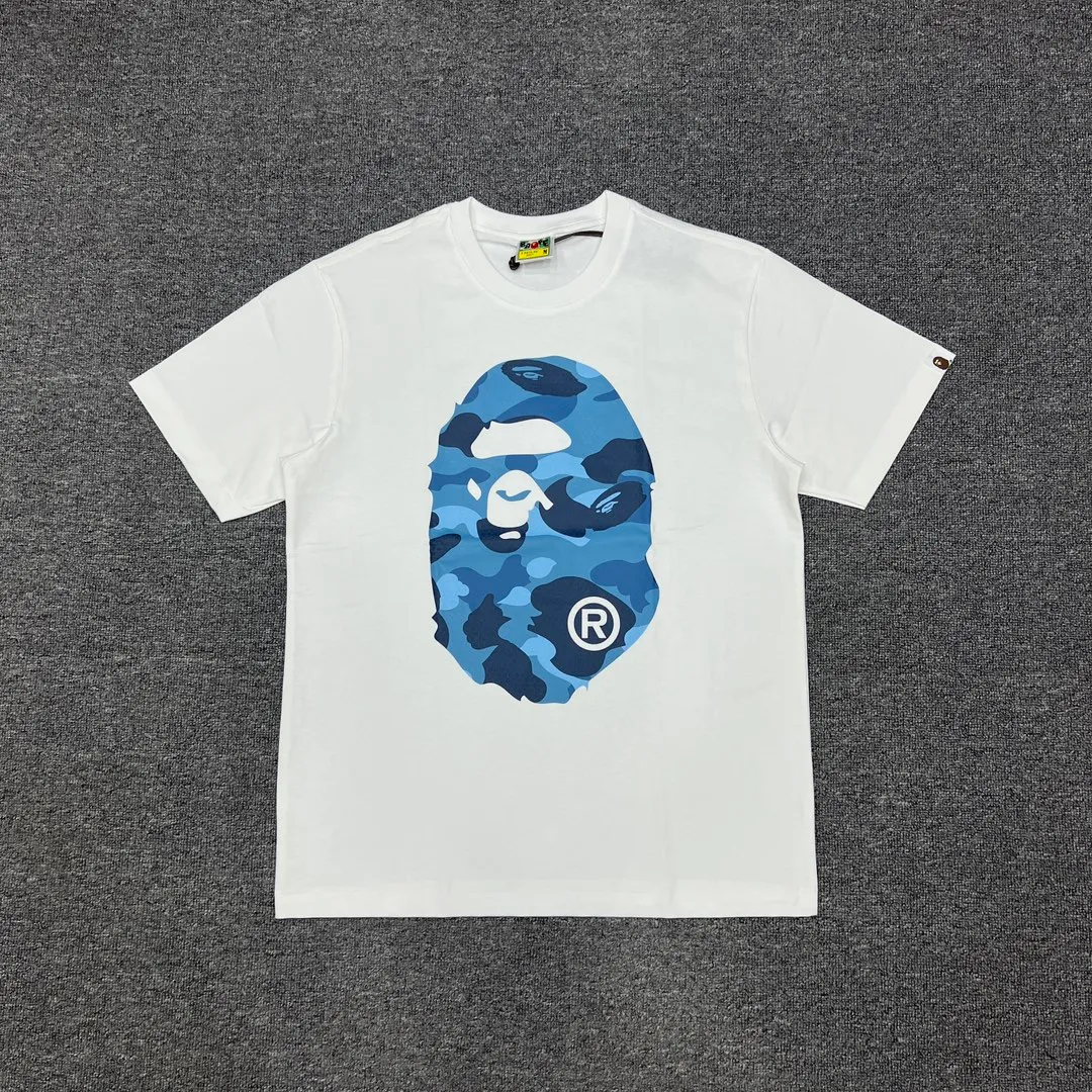 💰140 Bape Honeycomb Camouflage Letters Great Ape Head Double-sided Printing Linen Cotton 280g Customized Fabric Couple Style: S—XXL [Black Blue White Blue Black Gray White Gray]