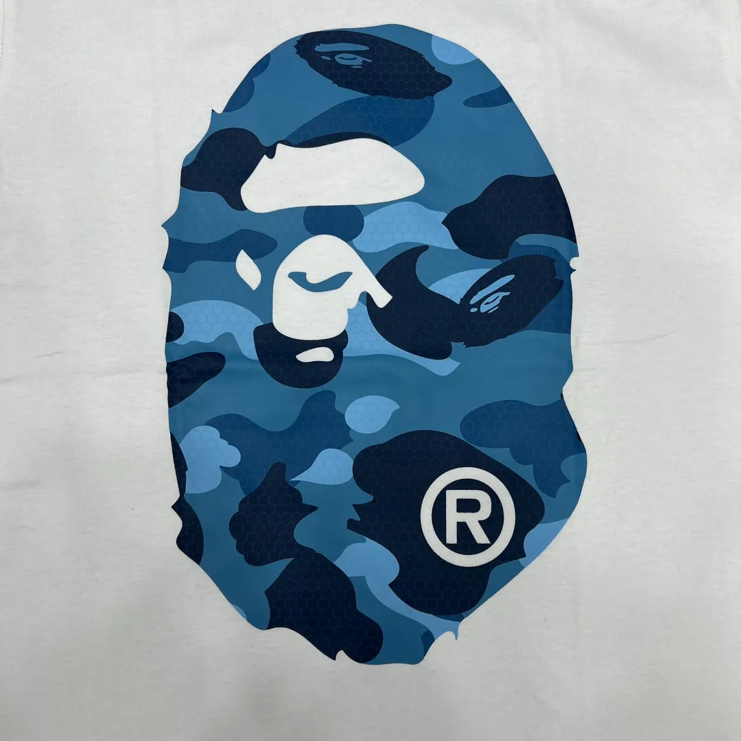 💰140 Bape Honeycomb Camouflage Letters Great Ape Head Double-sided Printing Linen Cotton 280g Customized Fabric Couple Style: S—XXL [Black Blue White Blue Black Gray White Gray]