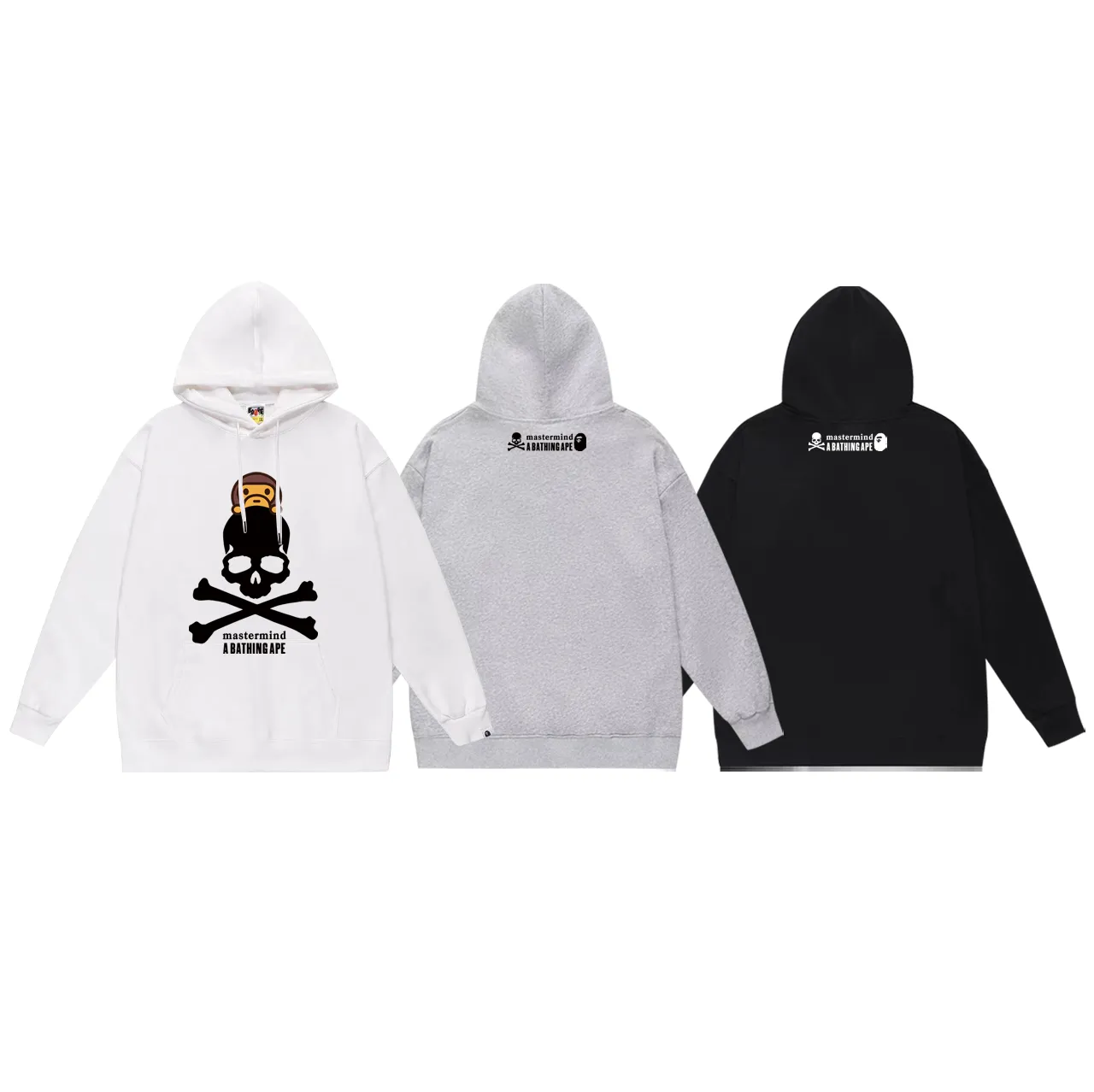 P160 model number SC777# terry 80 plus velvet 90 (top version) BAPE skull ape monkey cartoon animation hooded sweatshirt Made of 380 grams of large terry (drop shoulder large version) fabric, soft texture and no pilling Imported environmentally friendly printing glue The pattern is bright and three-dimensional Quality 💥Same style for men and women The upper body is trendy Color: black white gray Size: S M L XL XXL
