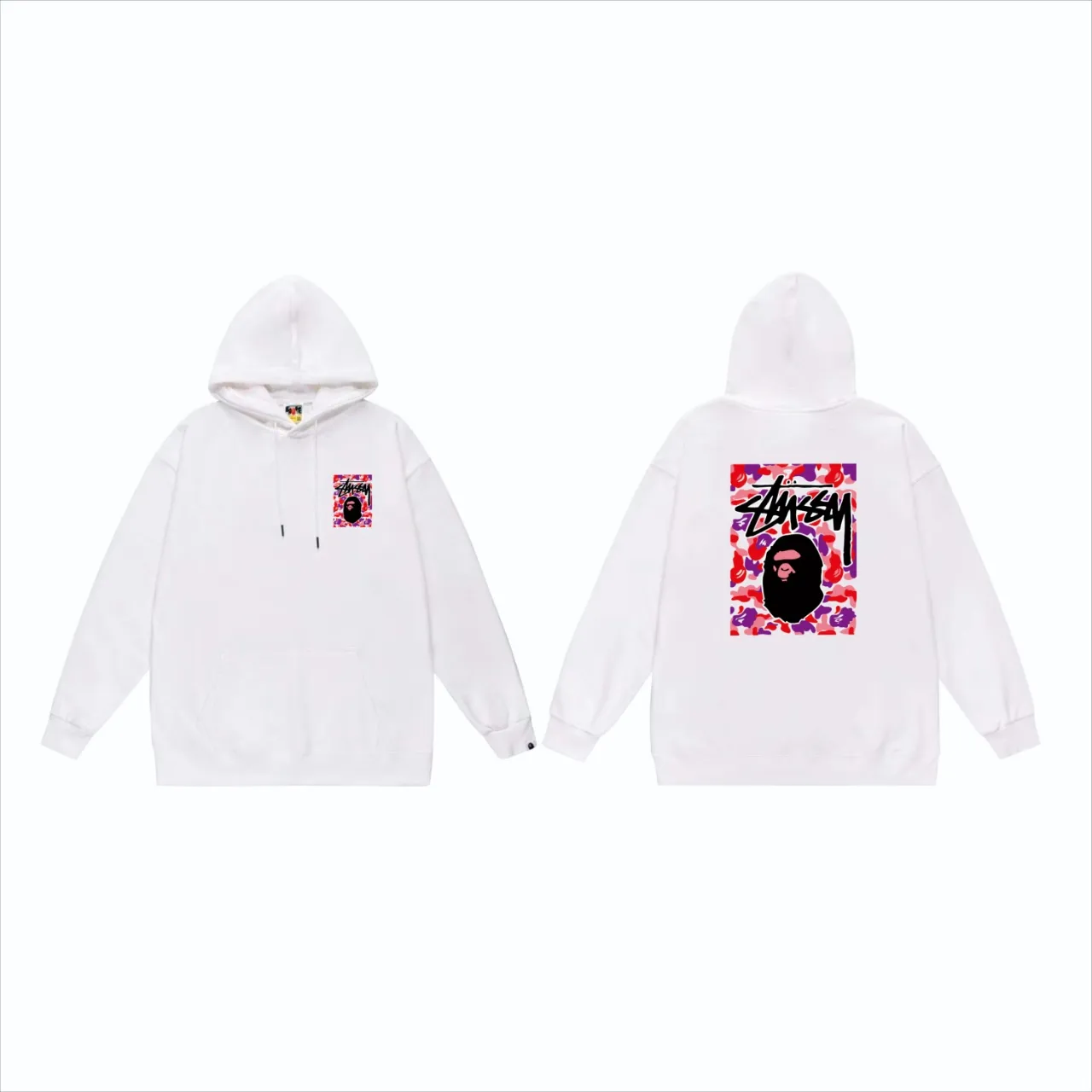 P160 model number SC803# terry 80 plus velvet 90 (top version) BAPE×STUSSY co-branded Stussy letter printed hooded sweatshirt Made of 380g large terry (drop shoulder large version) fabric, soft and non-pilling texture, imported environmentally friendly printing glue, bright and three-dimensional pattern, quality 💥Same style for men and women. The upper body is trendy. Color: black red and white white red white gray red white black red black white red black gray red black Size: S M L XL XXL