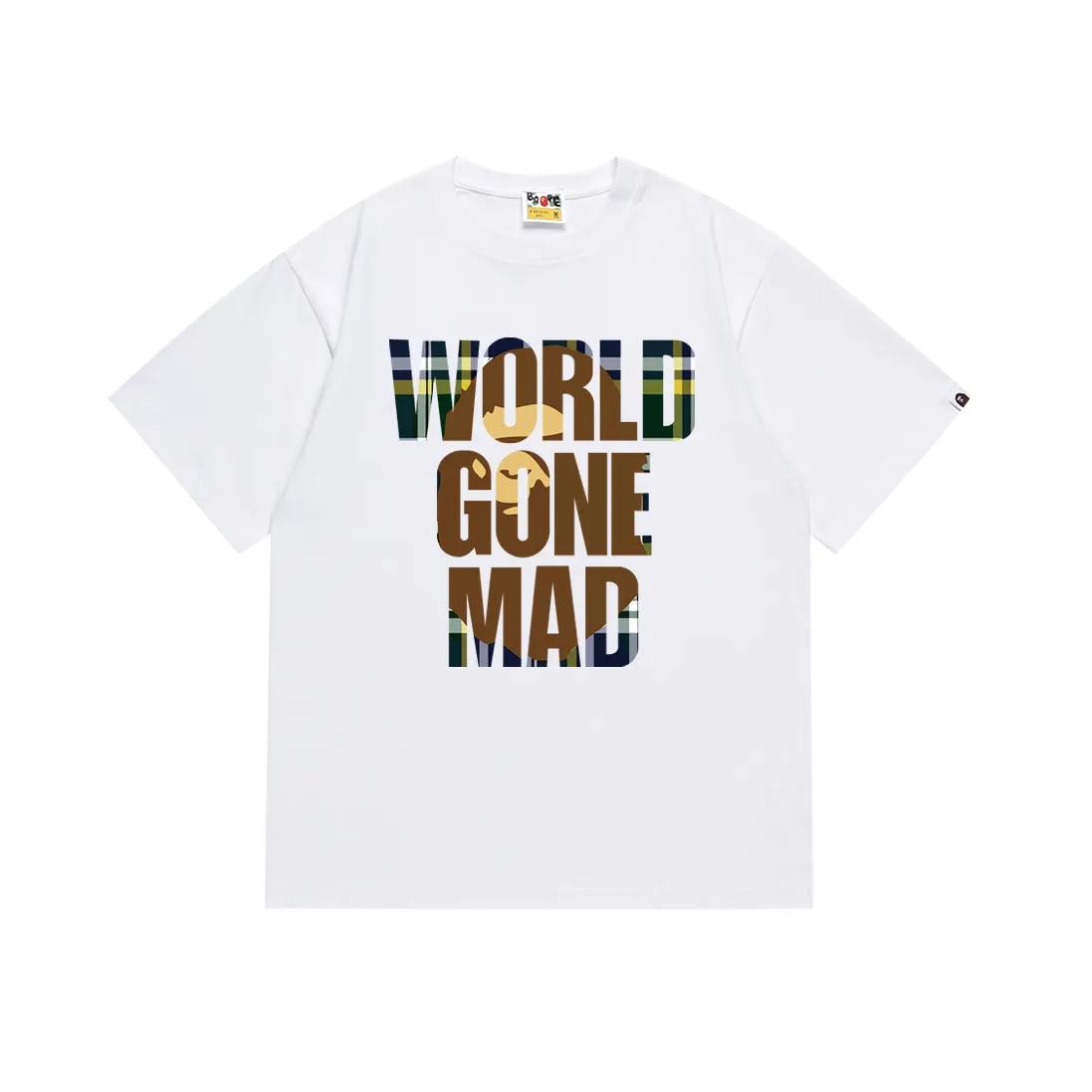 SC126#p110💰 (top version) BAPE plaid letter ape head print short-sleeved T-shirt Made of 260 grams of high-quality high-weave pure cotton fabric, double yarn combed, soft texture and no pilling Imported environmentally friendly printing glue, bright and three-dimensional pattern, quality 💥Same style for men and women, the upper body is fashionable Color: black white Size: S M L XL XXL