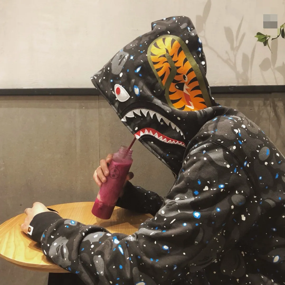 💰400 BAPE SPACE CAMO SHARK HOODIE starry sky camouflage shark zipper hooded sweatshirt, top-quality fabric, 1:1 high-end replica, couple model: S—XXL [starry sky black]
