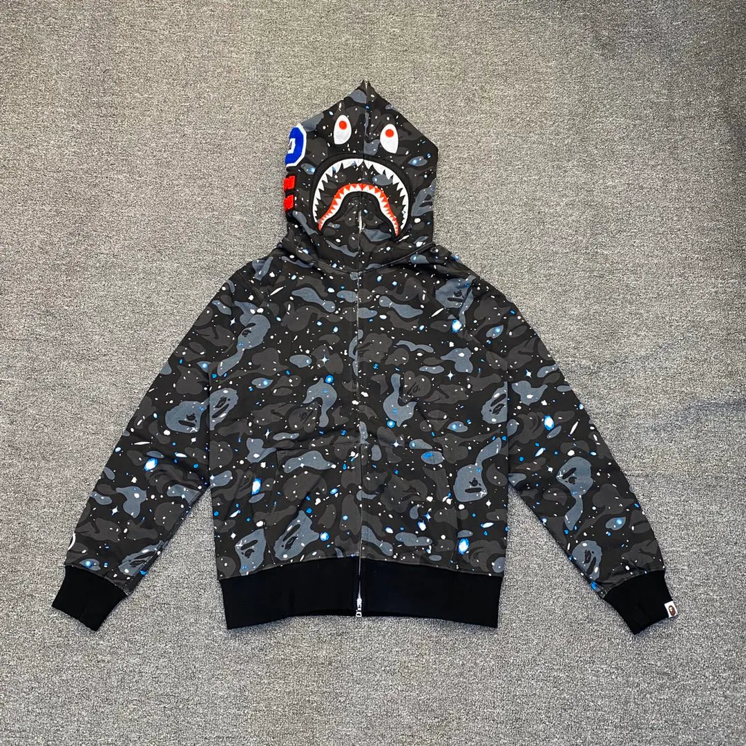 💰400 BAPE SPACE CAMO SHARK HOODIE starry sky camouflage shark zipper hooded sweatshirt, top-quality fabric, 1:1 high-end replica, couple model: S—XXL [starry sky black]